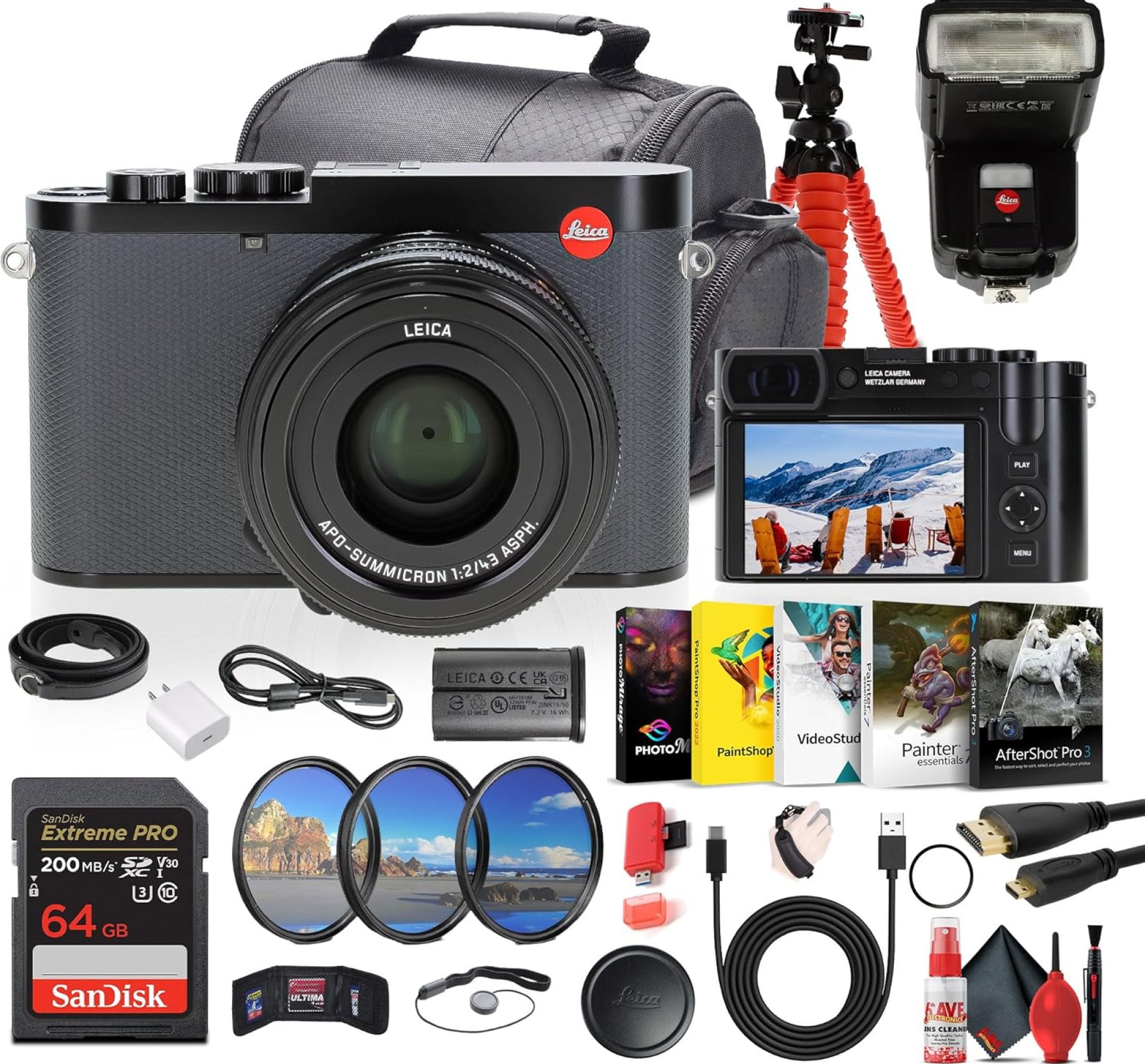 Leica Q3 43 Compact Portable Powerful Digital Camera (19084) + Leica SF 60 Flash + 128GB Memory Card + Photography Software + Camera Bag + Lens Filter Kit + Flexible Tripod + Cleaning Kit + More Leica Q3 43 Compact Portable Powerful Digital Camera (19084) + Leica SF 60 Flash + 128GB Memory Card + Photography Software + Camera Bag + Lens Filter Kit + Flexible Tripod + Cleaning Kit + More