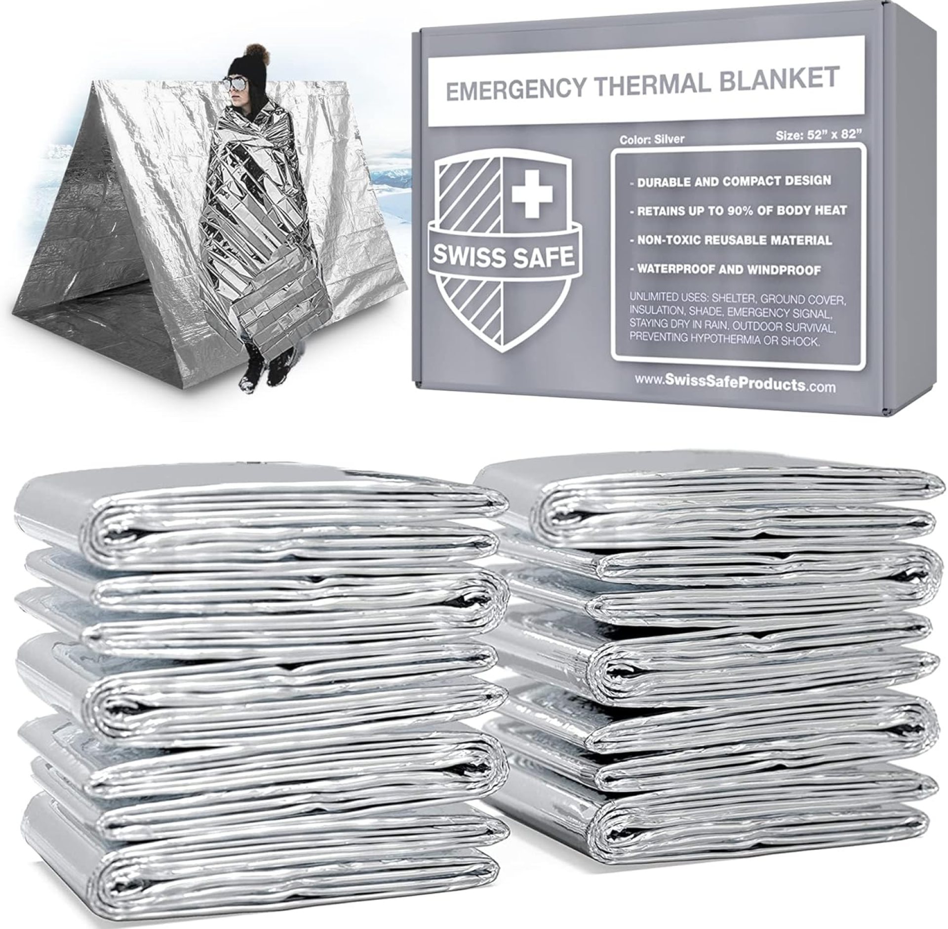 Swiss Safe 10 Pack Mylar Emergency Blankets for Survival – Compact & Insulated for Cold Weather – Designed for NASA, Outdoor, Running, Camping, Survival, First Aid Car Kit – Silver, 10 Pack Swiss Safe 10 Pack Mylar Emergency Blankets for Survival – Compact & Insulated for Cold Weather – Designed for NASA, Outdoor, Running, Camping, Survival, First Aid Car Kit – Silver, 10 Pack