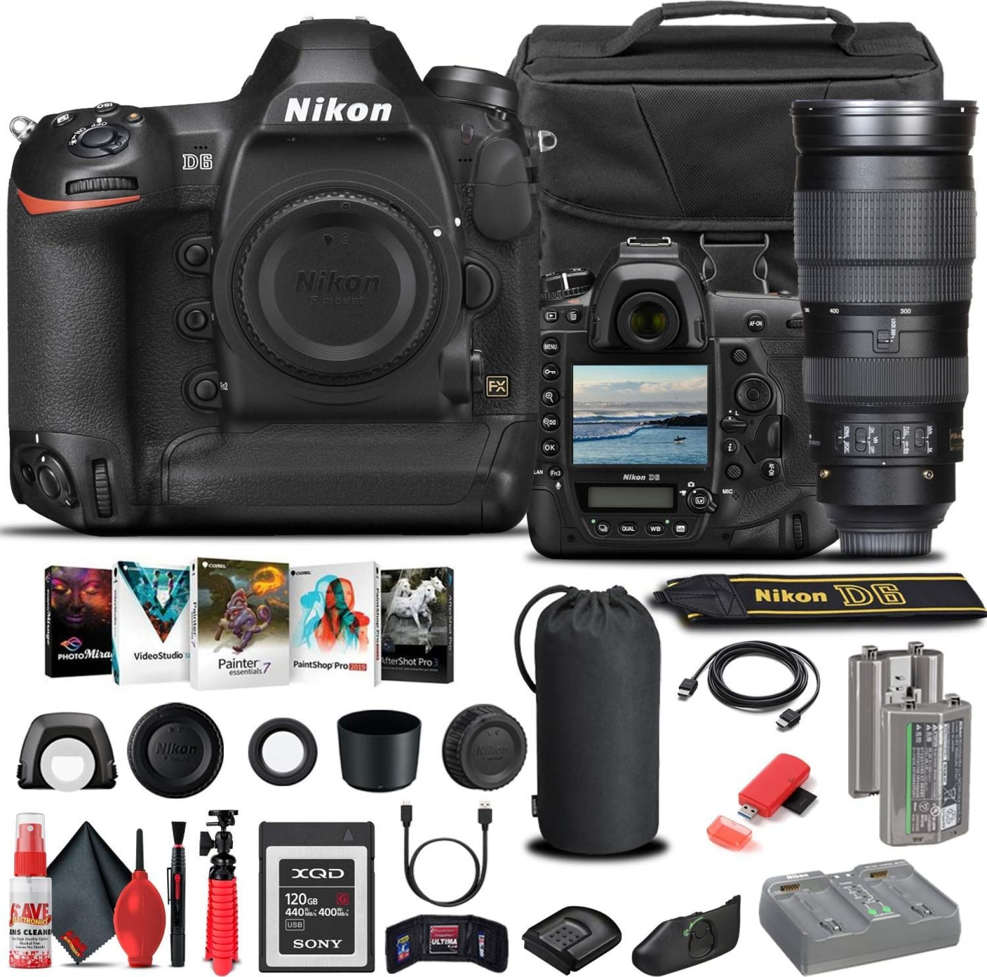 Nikon D6 DSLR Camera (Body Only) (1624) + Nikon 200-500mm Lens + 120GB XQD Card + EN-EL18C Battery + Case + Corel Software + HDMI Cable + Cleaning Set + Tripod + More (International Model) (Renewed) Nikon D6 DSLR Camera (Body Only) (1624) + Nikon 200-500mm Lens + 120GB XQD Card + EN-EL18C Battery + Case + Corel Software + HDMI Cable + Cleaning Set + Tripod + More (International Model) (Renewed)