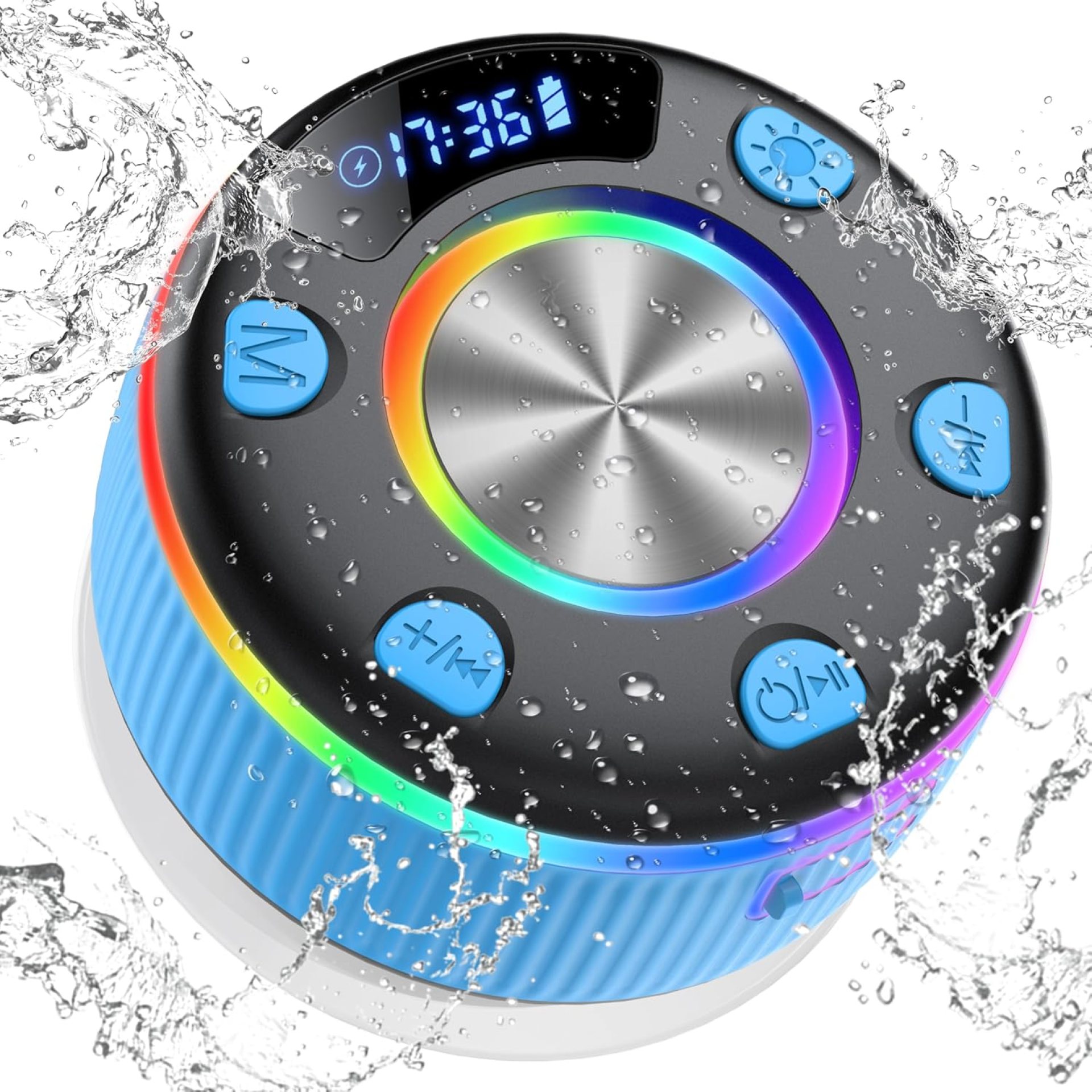 Bluetooth Shower Speaker, Portable Bluetooth 5.3 Speakers Wireless with Time Display, IP7 Waterproof Speaker with RGB Lights, Stereo Bass, Suction Cup, Mini Speaker for Bathroom Party Outdoor, Azure Bluetooth Shower Speaker, Portable Bluetooth 5.3 Speakers Wireless with Time Display, IP7 Waterproof Speaker with RGB Lights, Stereo Bass, Suction Cup, Mini Speaker for Bathroom Party Outdoor, Azure