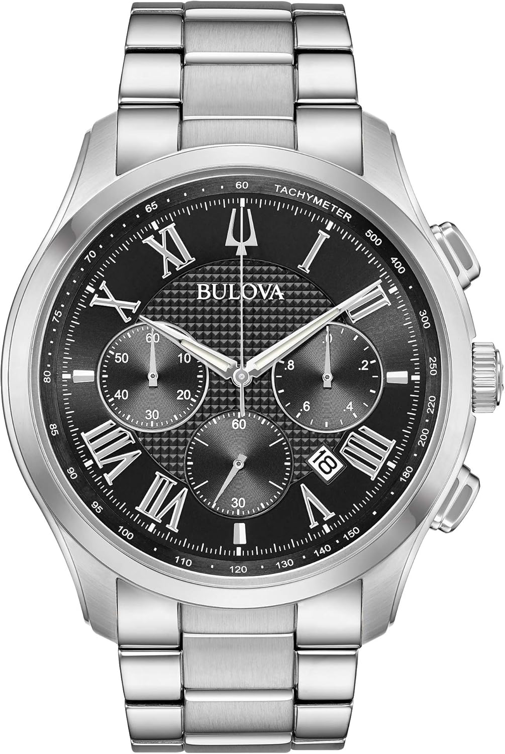 Bulova Men’s Classic Wilton 3-Hand 21-Jewel Watch, 60 Hour Power Reserve, Luminous Hands, Open Aperture, Roman Numeral Markers Domed Sapphire Crystal, 43mm, Stainless Steel/Black Dial Bulova Men’s Classic Wilton 3-Hand 21-Jewel Watch, 60 Hour Power Reserve, Luminous Hands, Open Aperture, Roman Numeral Markers Domed Sapphire Crystal, 43mm, Stainless Steel/Black Dial