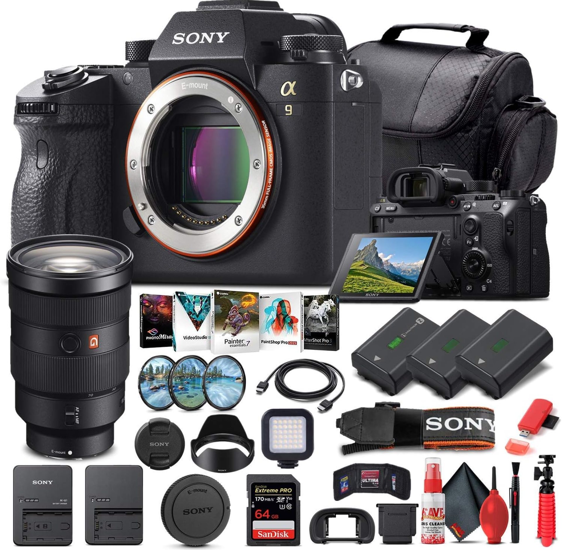 Sony Alpha a9 Mirrorless Digital Camera (Body Only) (ILCE9/B) + Sony FE 24-70mm Lens + 64GB Memory Card + 2 x NP-FZ-100 Battery + Corel Photo Software + Case + Card Reader + More (Renewed) Sony Alpha a9 Mirrorless Digital Camera (Body Only) (ILCE9/B) + Sony FE 24-70mm Lens + 64GB Memory Card + 2 x NP-FZ-100 Battery + Corel Photo Software + Case + Card Reader + More (Renewed)
