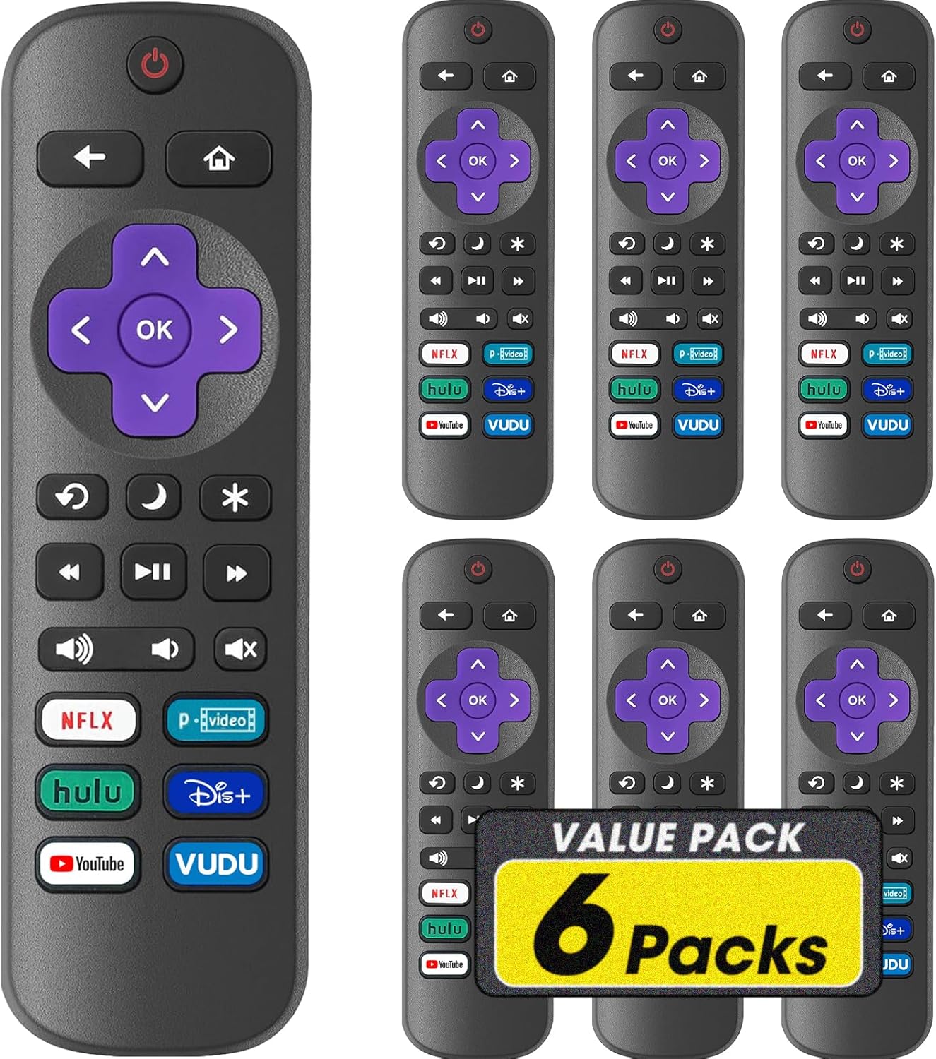 6 Pack Replacement Remote Control for Roku TV, Compatible with All Onn Roku/Hisense Roku/Sharp Roku/Philips Roku/TCL Roku Smart TVs(Not for Roku Stick, Box or Speaker) 6 Pack Replacement Remote Control for Roku TV, Compatible with All Onn Roku/Hisense Roku/Sharp Roku/Philips Roku/TCL Roku Smart TVs(Not for Roku Stick, Box or Speaker)