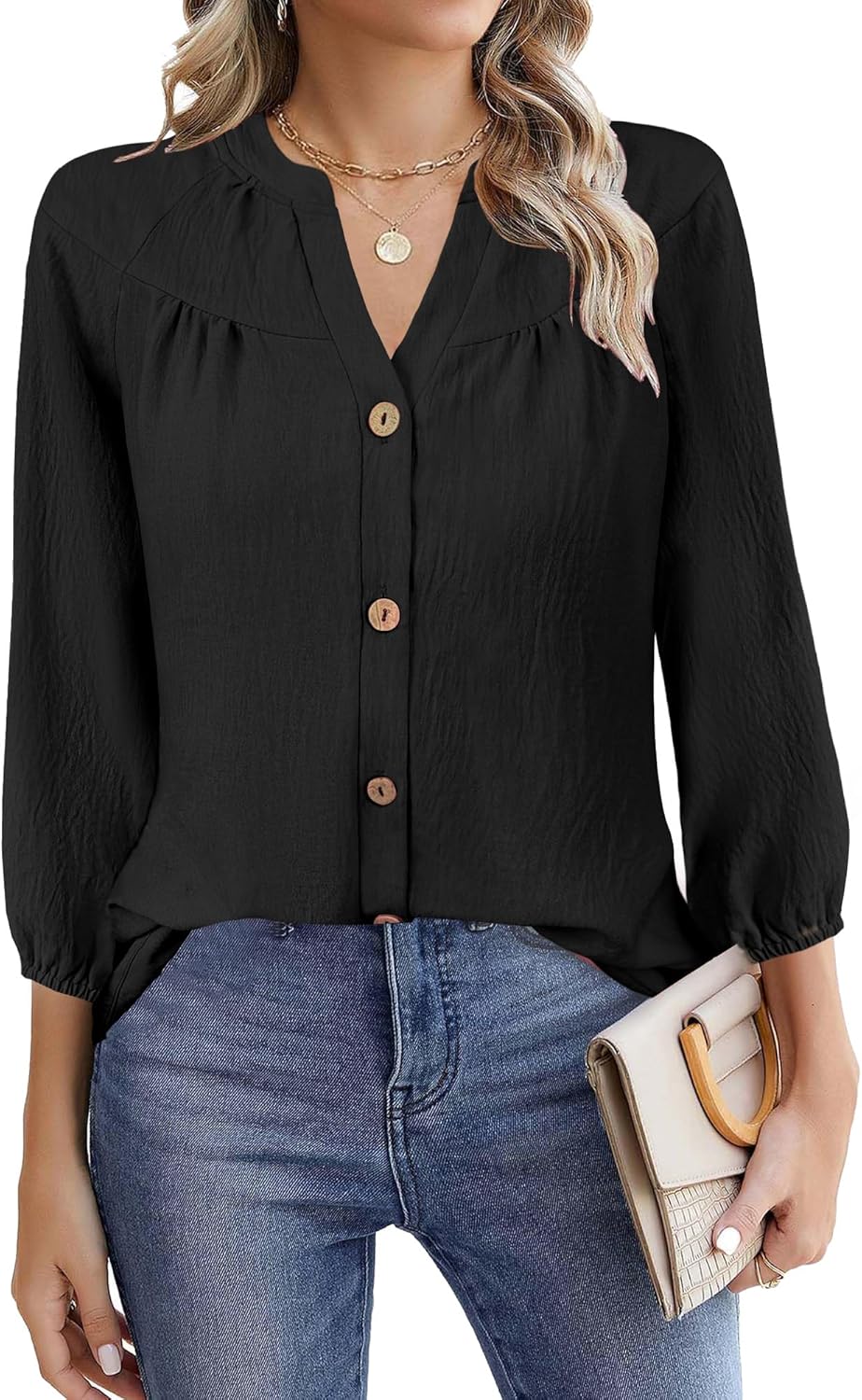 Womens Tops Dressy Casual 3/4 Sleeve T Shirts V Neck Button Down Pleated Back Blouses Summer Fashion Clothes Womens Tops Dressy Casual 3/4 Sleeve T Shirts V Neck Button Down Pleated Back Blouses Summer Fashion Clothes