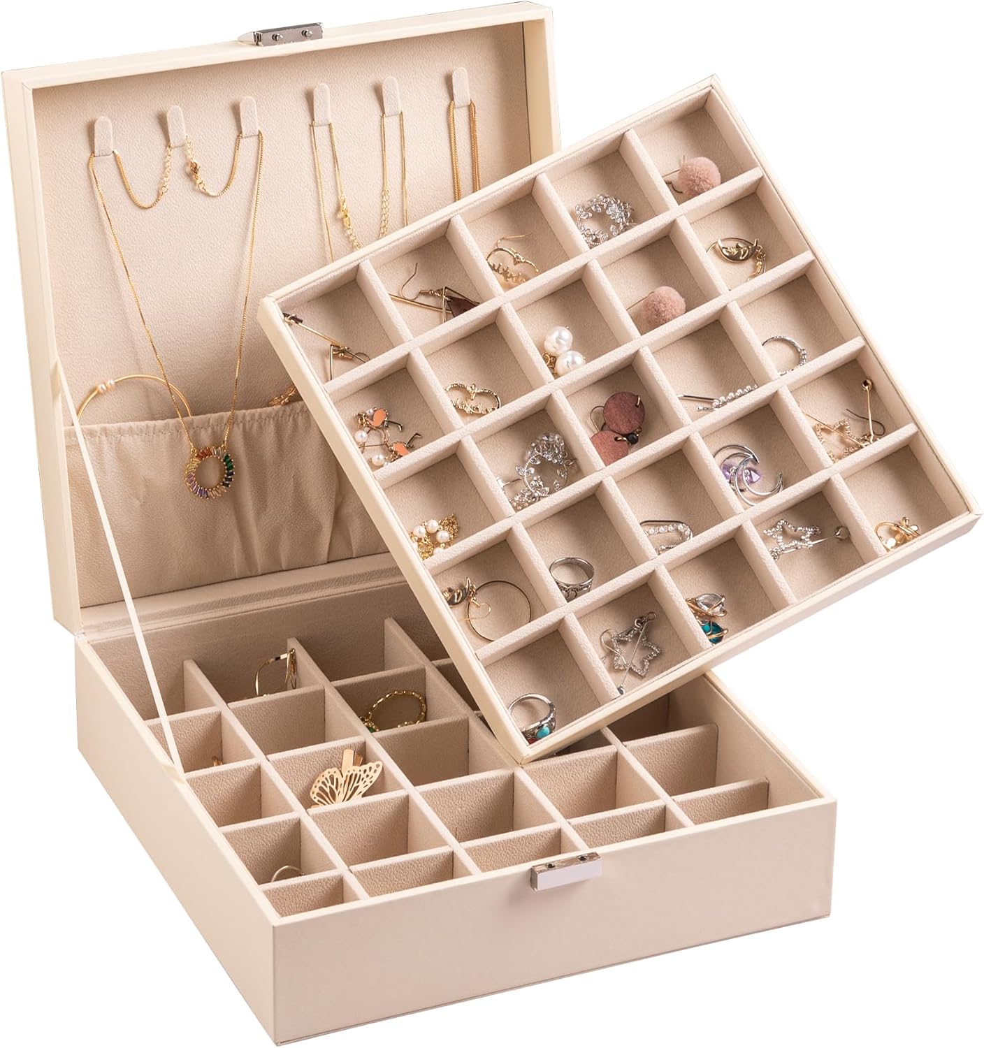 Frebeauty Earring Organizer Classic Jewelry Box 50 Slots Double Layer Jewelry Storage Case with 6 Necklace Hook and Bracelet Pocket(Beige) Frebeauty Earring Organizer Classic Jewelry Box 50 Slots Double Layer Jewelry Storage Case with 6 Necklace Hook and Bracelet Pocket(Beige)