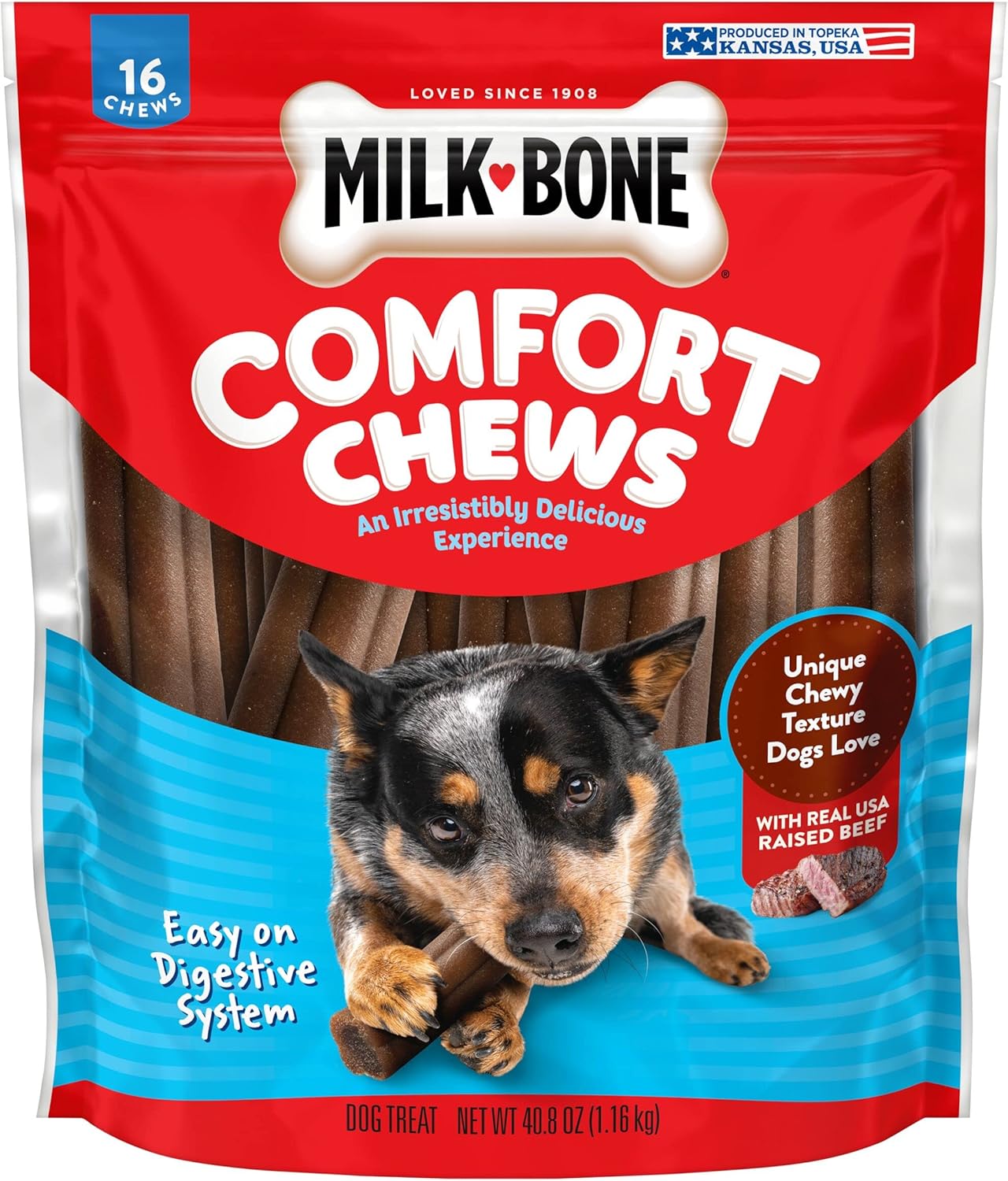 Milk-Bone Comfort Chews, Rawhide Free Dog Treats with Unique Chewy Texture and Real Beef, 16 Chews, Easy on Digestive System Milk-Bone Comfort Chews, Rawhide Free Dog Treats with Unique Chewy Texture and Real Beef, 16 Chews, Easy on Digestive System