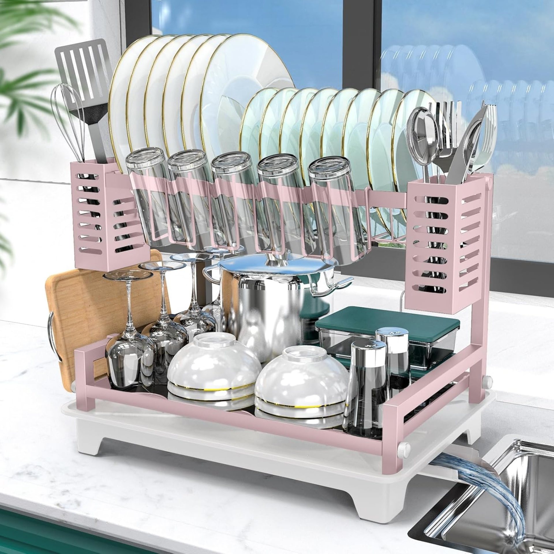 B-Land Dish Drying Rack, 2 Tier Dish Racks for Kitchen Counter, Large Dish Drying Rack with Drainboard & Utensil Holders, Rust-Proof Dish Drainers,Kitchen Organization B-Land Dish Drying Rack, 2 Tier Dish Racks for Kitchen Counter, Large Dish Drying Rack with Drainboard & Utensil Holders, Rust-Proof Dish Drainers,Kitchen Organization