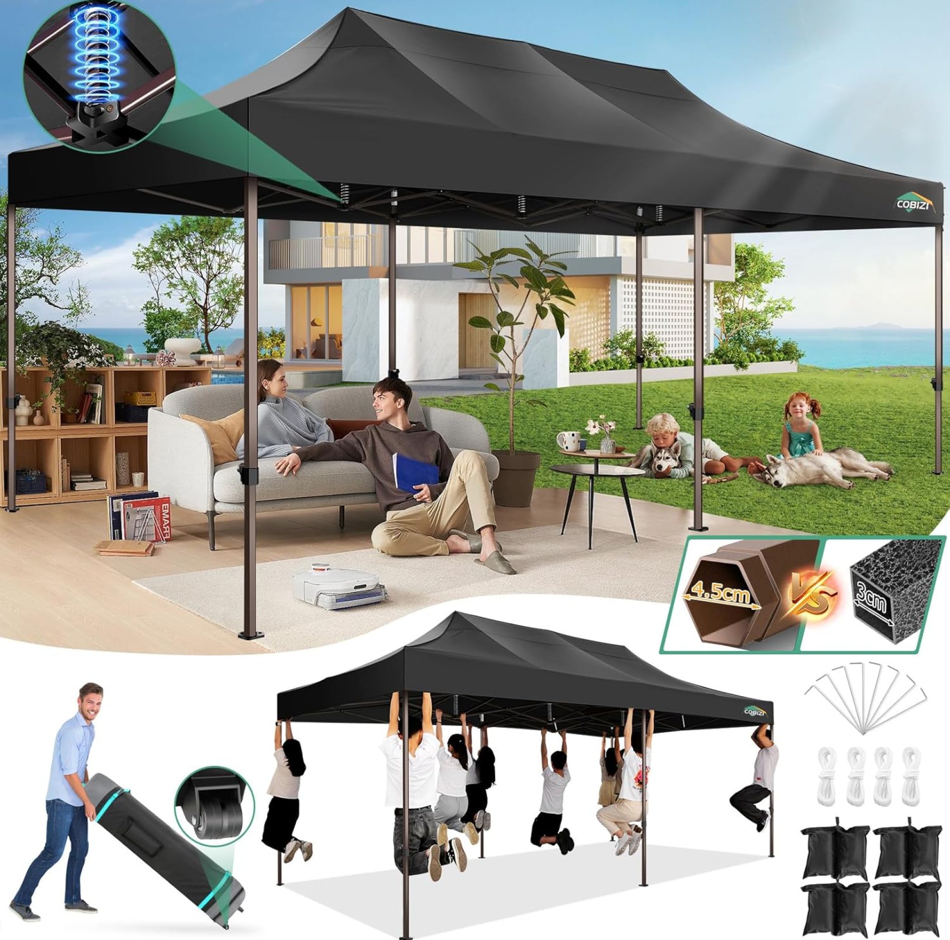 COBIZI 10×20 Pop up Heavy Duty Canopy Tent, Commercial Outdoor Gazebo with 600D Roller Bag, Easy Setup Event Party Tent for Beach & Wedding, Waterproof UPF50+, 4.0 Hexagonal Thickened Frame(Black) COBIZI 10×20 Pop up Heavy Duty Canopy Tent, Commercial Outdoor Gazebo with 600D Roller Bag, Easy Setup Event Party Tent for Beach & Wedding, Waterproof UPF50+, 4.0 Hexagonal Thickened Frame(Black)