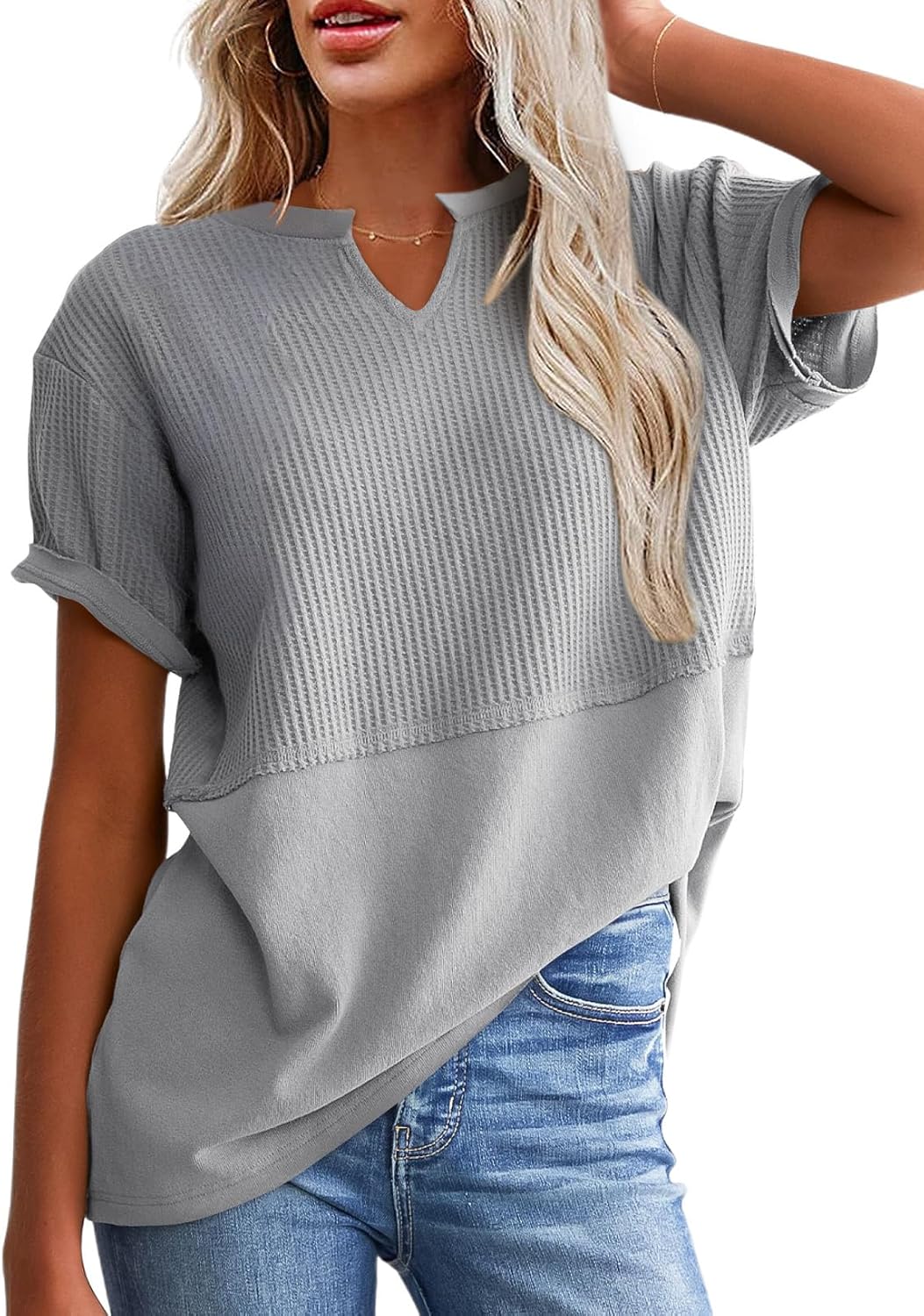 SHEWIN Womens Casual V Neck Waffle Knit Tops Short Sleeve T Shirts Loose Blouses SHEWIN Womens Casual V Neck Waffle Knit Tops Short Sleeve T Shirts Loose Blouses