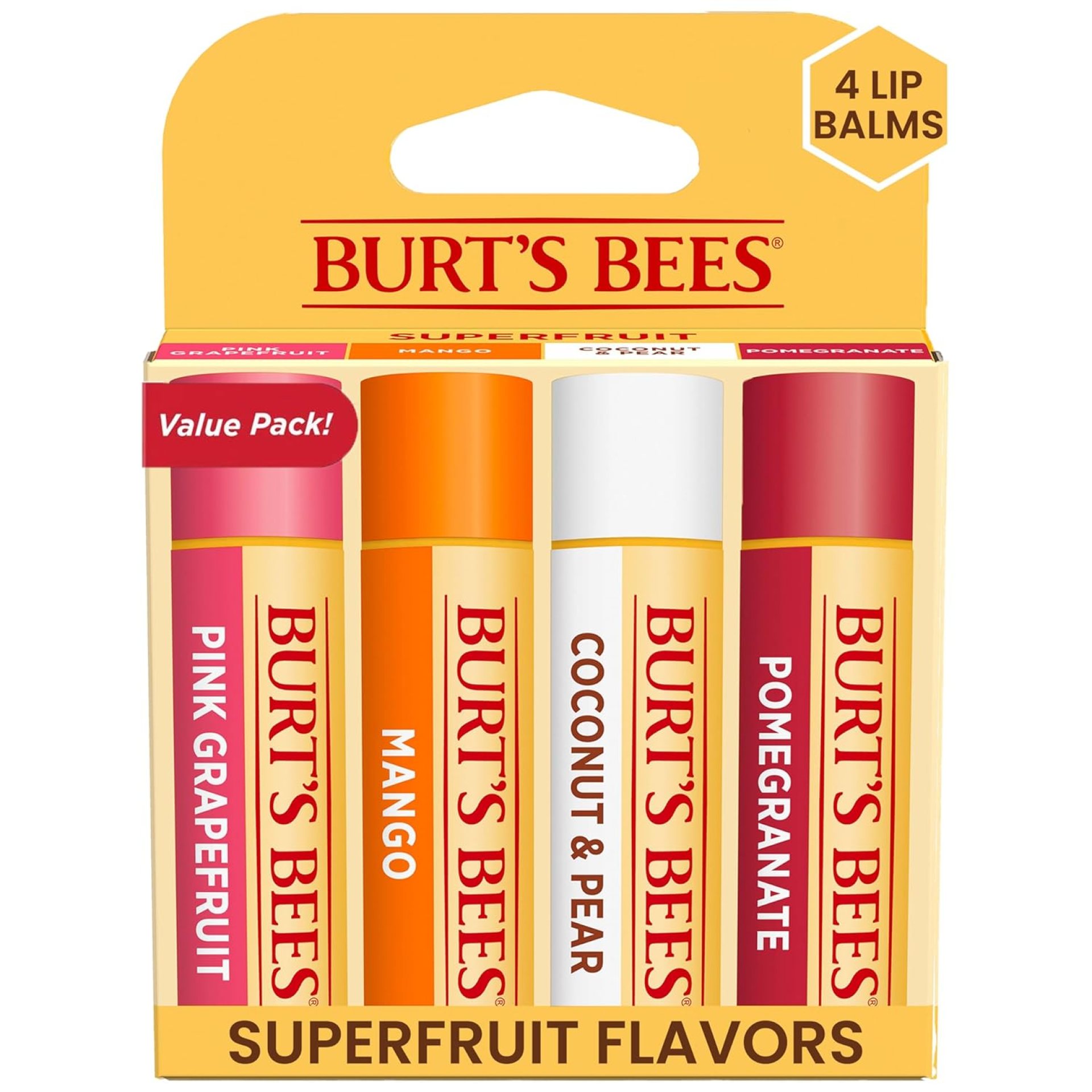 Burt’s Bees Lip Balm – Pink Grapefruit, Mango, Coconut & Pear, and Pomegranate Pack, Lip Moisturizer With Beeswax, Tint-Free, Natural Origin Conditioning Treatment, 4 Tubes, 0.15 oz. Burt’s Bees Lip Balm – Pink Grapefruit, Mango, Coconut & Pear, and Pomegranate Pack, Lip Moisturizer With Beeswax, Tint-Free, Natural Origin Conditioning Treatment, 4 Tubes, 0.15 oz.