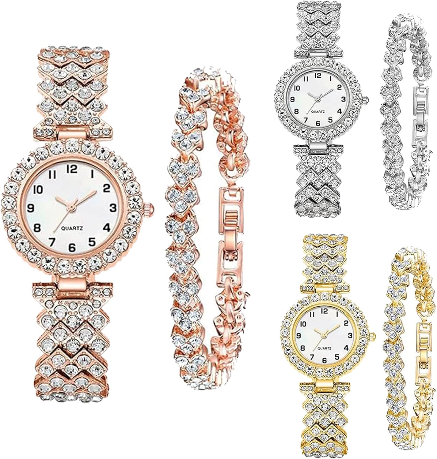 6 Pack Set Diamond Watches and Bangle Bracelet for Women Analog Quartz Wristwatch Jewelry Assorted Wholesales Silver Rosy Gold Ladies 6 Pack Set Diamond Watches and Bangle Bracelet for Women Analog Quartz Wristwatch Jewelry Assorted Wholesales Silver Rosy Gold Ladies