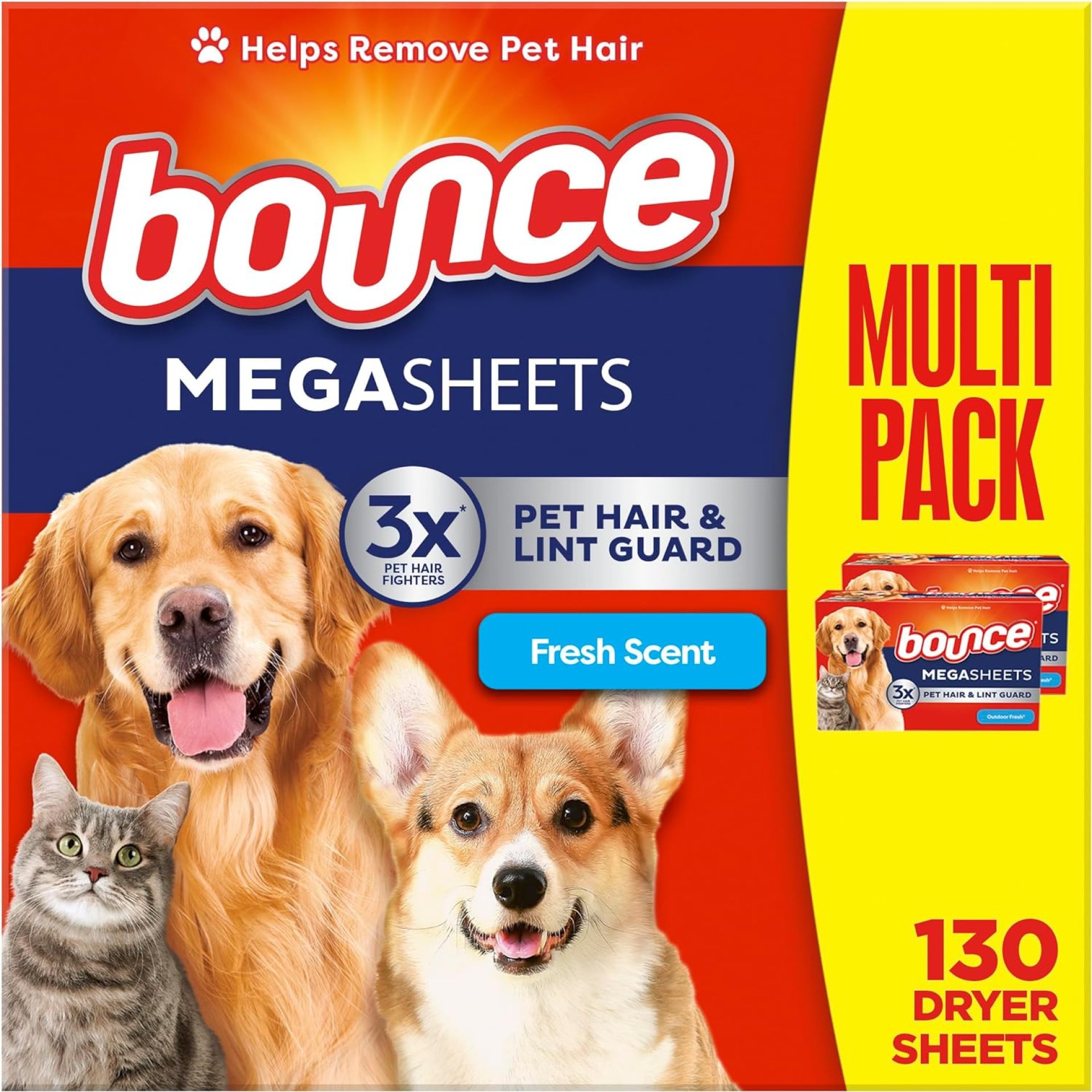 Bounce Pet Hair and Lint Guard Mega Dryer Sheets with 3X Pet Hair Fighters, Fresh Scent, 130 Count, Bounce Dryer Sheets, Fabric Softener Sheets Bounce Pet Hair and Lint Guard Mega Dryer Sheets with 3X Pet Hair Fighters, Fresh Scent, 130 Count, Bounce Dryer Sheets, Fabric Softener Sheets