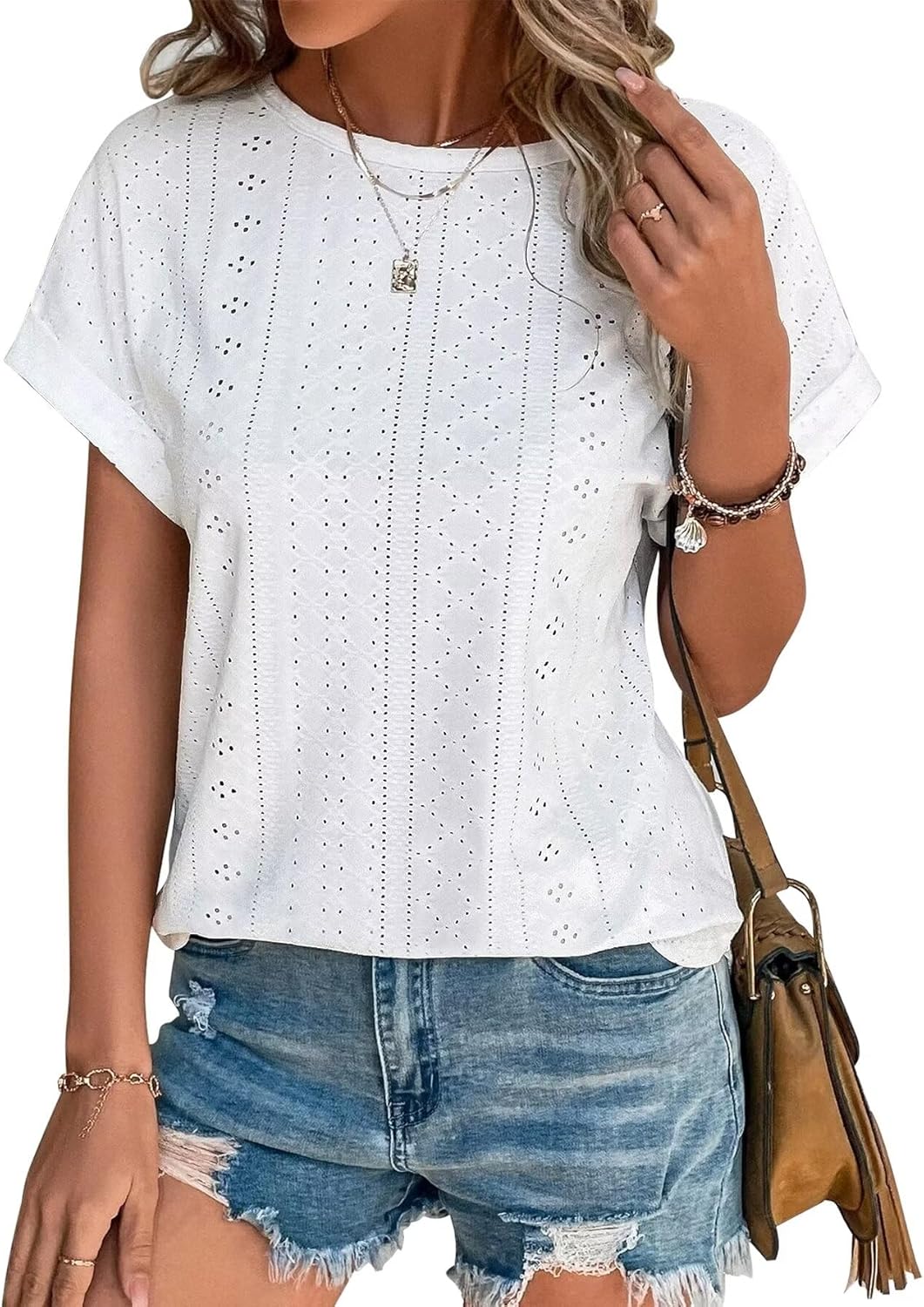 Bliwov Womens Tops Eyelet Embroidery Summer Spring Curved Hem 2025 Casual Short Sleeve Trendy T Shirts Beach Vacation Clothes Bliwov Womens Tops Eyelet Embroidery Summer Spring Curved Hem 2025 Casual Short Sleeve Trendy T Shirts Beach Vacation Clothes