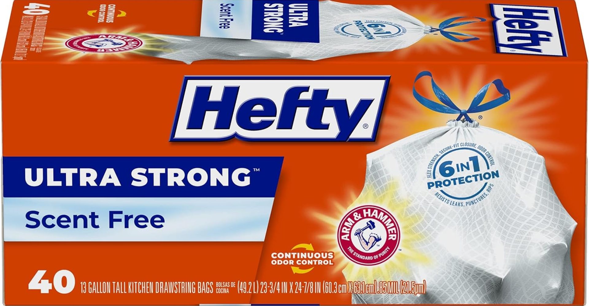 Hefty Ultra Strong 13 Gallon Trash Bags, Tall Kitchen Trash Bags 13 Gallon Size, Drawstring Closure, Continuous Odor Control, White, Unscented, 40 Bags Hefty Ultra Strong 13 Gallon Trash Bags, Tall Kitchen Trash Bags 13 Gallon Size, Drawstring Closure, Continuous Odor Control, White, Unscented, 40 Bags