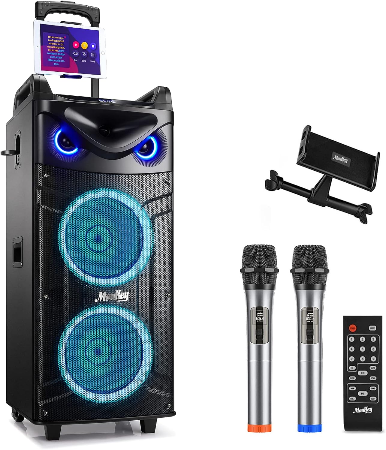 Moukey Karaoke Machine, Double 10″ Woofer PA System for Party, Portable Bluetooth Speaker with 2 Wireless Microphone, Disco Lights and Echo/Treble/Bass Adjustment, Support TWS/REC/AUX/MP3/USB/TF/FM Moukey Karaoke Machine, Double 10″ Woofer PA System for Party, Portable Bluetooth Speaker with 2 Wireless Microphone, Disco Lights and Echo/Treble/Bass Adjustment, Support TWS/REC/AUX/MP3/USB/TF/FM