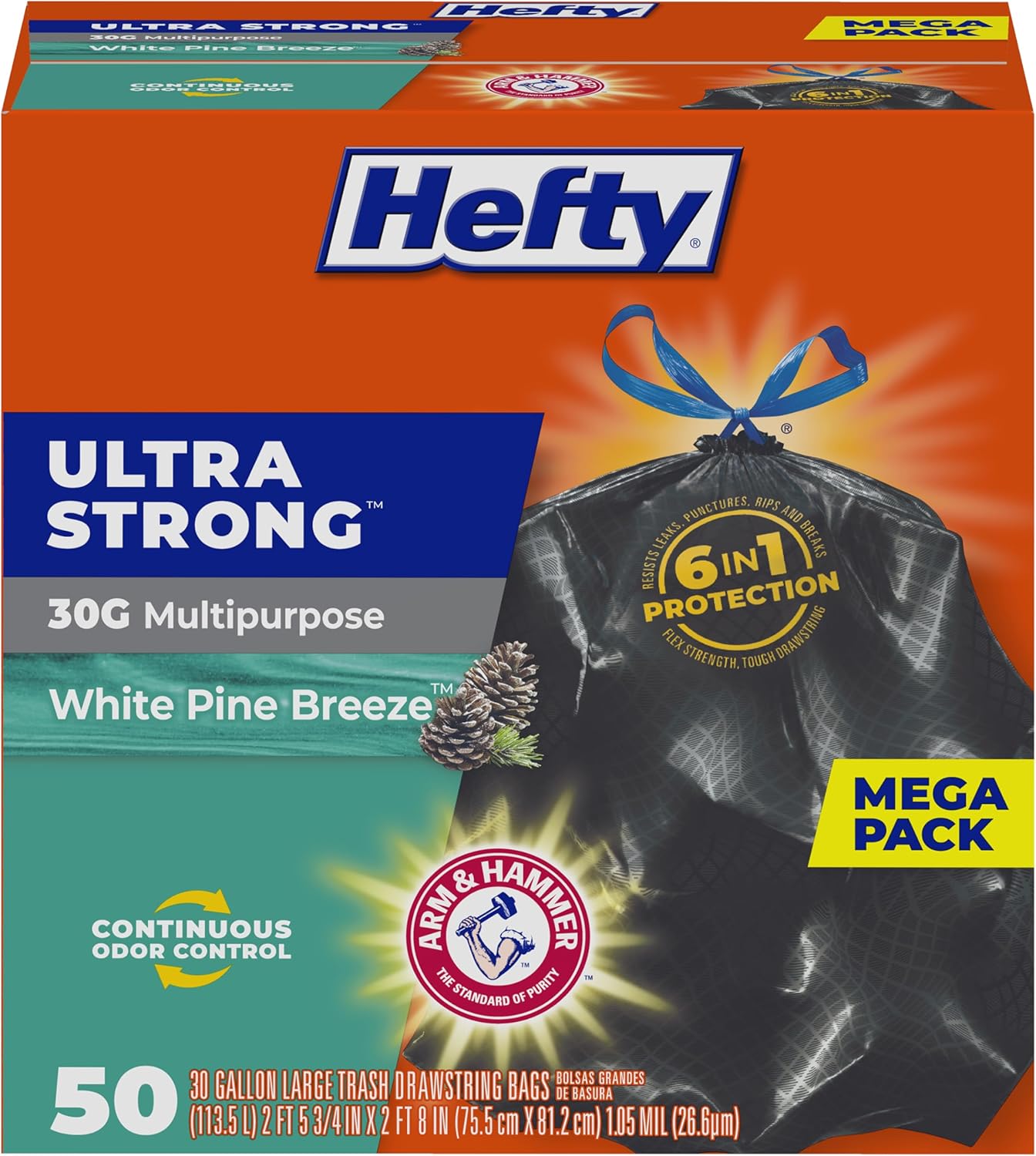 Hefty Ultra Strong 30 Gallon Trash Bags, Large Trash Bags 30 Gallon Size, Multipurpose, Break Resistant Drawstring Closure, Resists Leaks, Punctures, and Tears, Black, White Pine Breeze Scent, 50 Bags Hefty Ultra Strong 30 Gallon Trash Bags, Large Trash Bags 30 Gallon Size, Multipurpose, Break Resistant Drawstring Closure, Resists Leaks, Punctures, and Tears, Black, White Pine Breeze Scent, 50 Bags