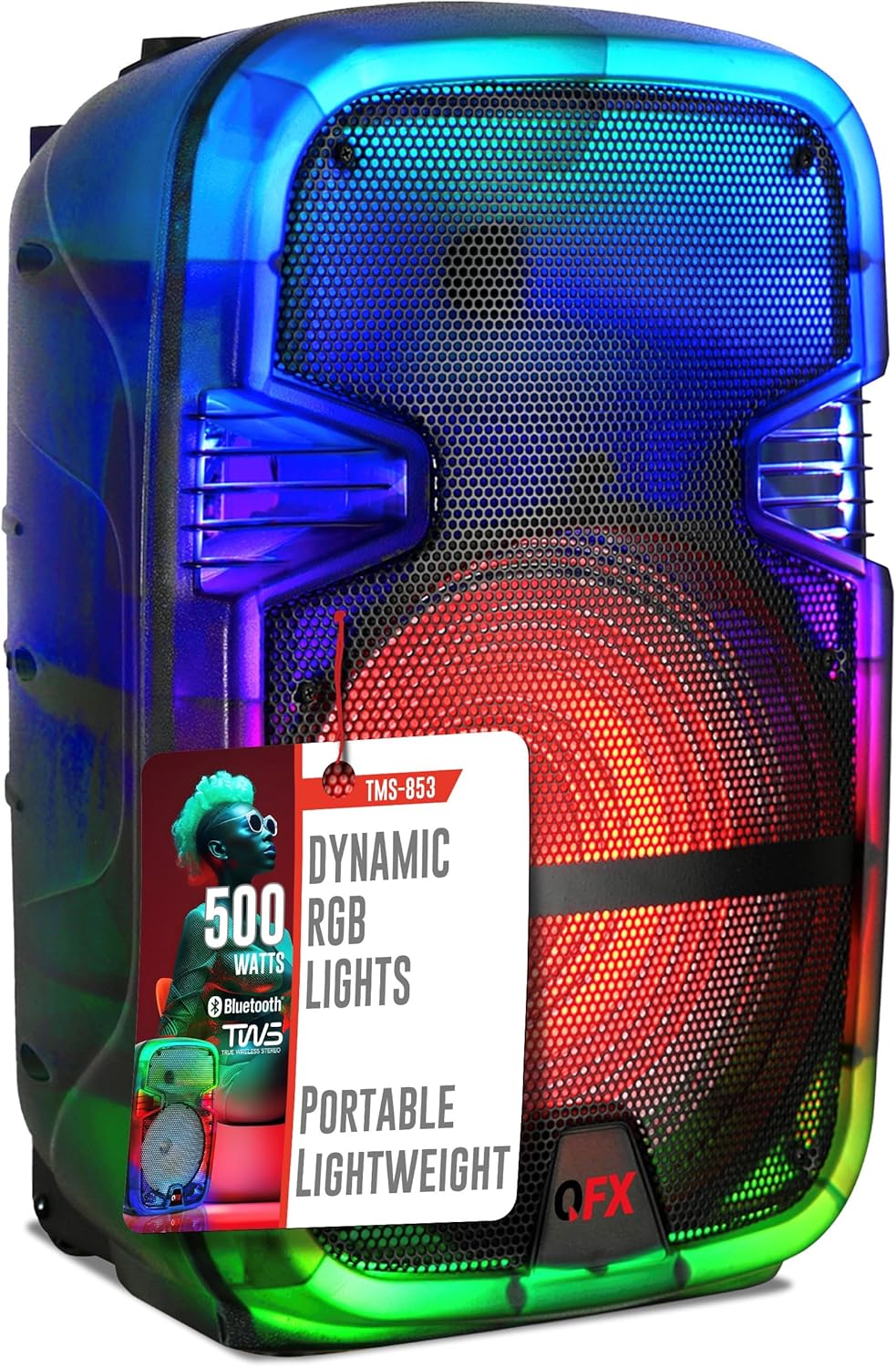 Crystal Clear Sound, Bright Party Lights, Portable & Easy to Use | 8″ Rechargeable Bluetooth PA Karaoke Loud Party Speaker, 5-Hour Playtime | TWS, USB, TF, AUX, FM Radio | QFX | TMS-853 Crystal Clear Sound, Bright Party Lights, Portable & Easy to Use | 8″ Rechargeable Bluetooth PA Karaoke Loud Party Speaker, 5-Hour Playtime | TWS, USB, TF, AUX, FM Radio | QFX | TMS-853