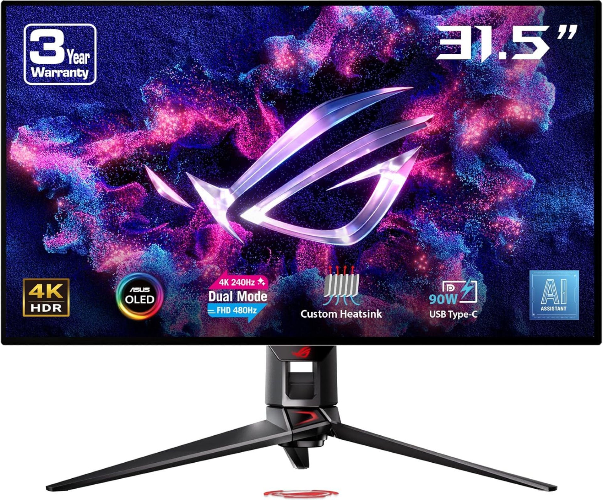 ASUS ROG Swift 32” 4K OLED Gaming Monitor (PG32UCDP) – WOLED, Dual Mode (4K 240Hz, FHD 480Hz), 0.03ms, G-SYNC Compatible, Custom Heatsink, AI Gaming, 99% DCI-P3,True 10-bit, USB-C 90W, 3yr Warranty ASUS ROG Swift 32” 4K OLED Gaming Monitor (PG32UCDP) – WOLED, Dual Mode (4K 240Hz, FHD 480Hz), 0.03ms, G-SYNC Compatible, Custom Heatsink, AI Gaming, 99% DCI-P3,True 10-bit, USB-C 90W, 3yr Warranty