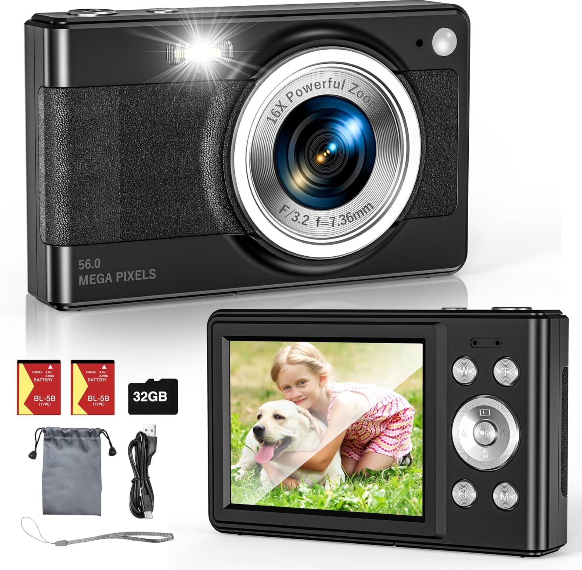 Upgrade Digital Camera, 56MP FHD 1080P Camera for Kids with 16x Zoom Anti Shake, Kid Camera with 32GB TF Card, Two Batteries, Lanyard, Compact Small Camera for Kids Boys Girls(Black) Upgrade Digital Camera, 56MP FHD 1080P Camera for Kids with 16x Zoom Anti Shake, Kid Camera with 32GB TF Card, Two Batteries, Lanyard, Compact Small Camera for Kids Boys Girls(Black)