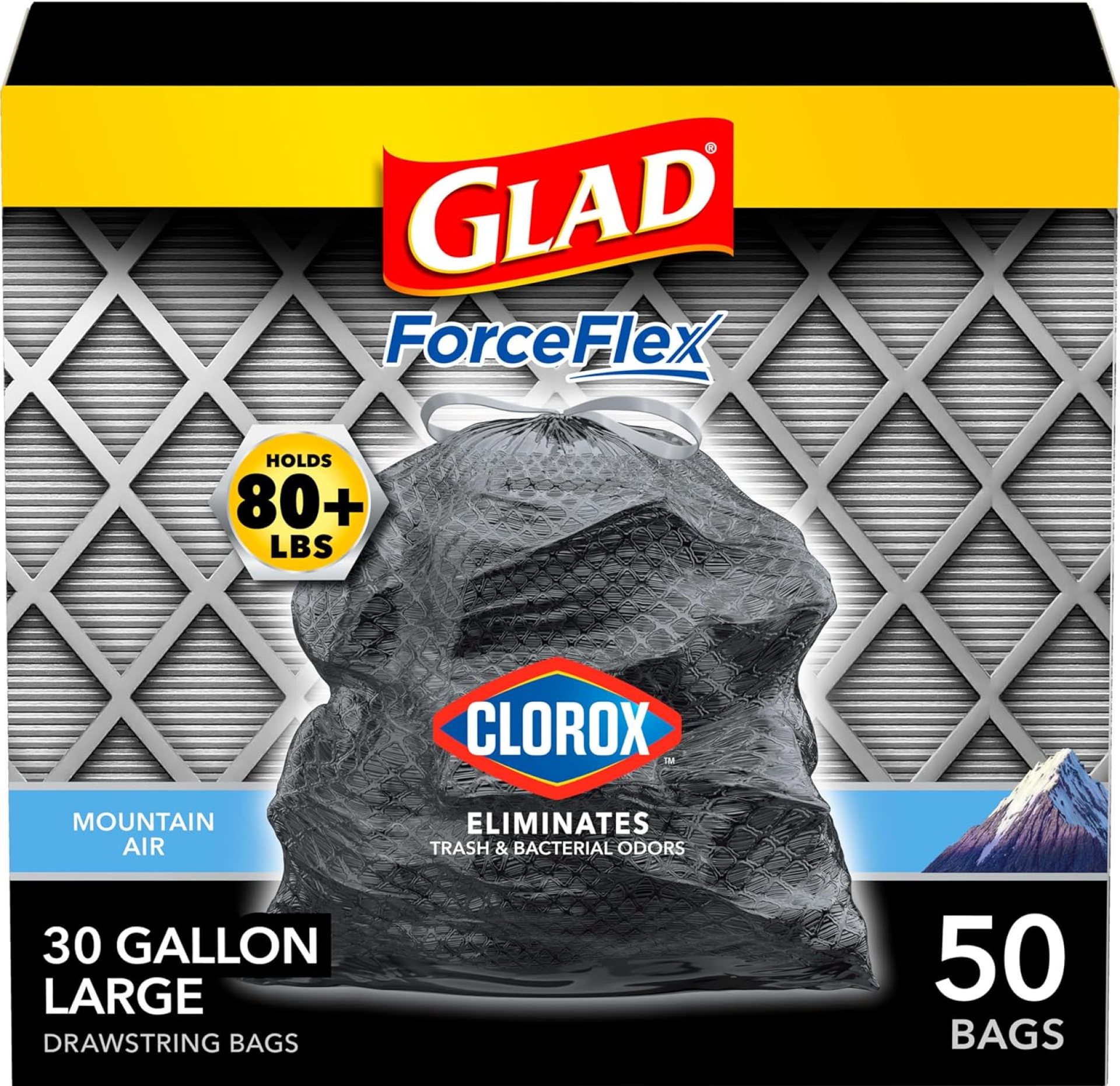 Glad Large Trash Bags, ForceFlex with Clorox, 30 Gal, Mountain Air, 50 Ct (Package May Vary) Glad Large Trash Bags, ForceFlex with Clorox, 30 Gal, Mountain Air, 50 Ct (Package May Vary)