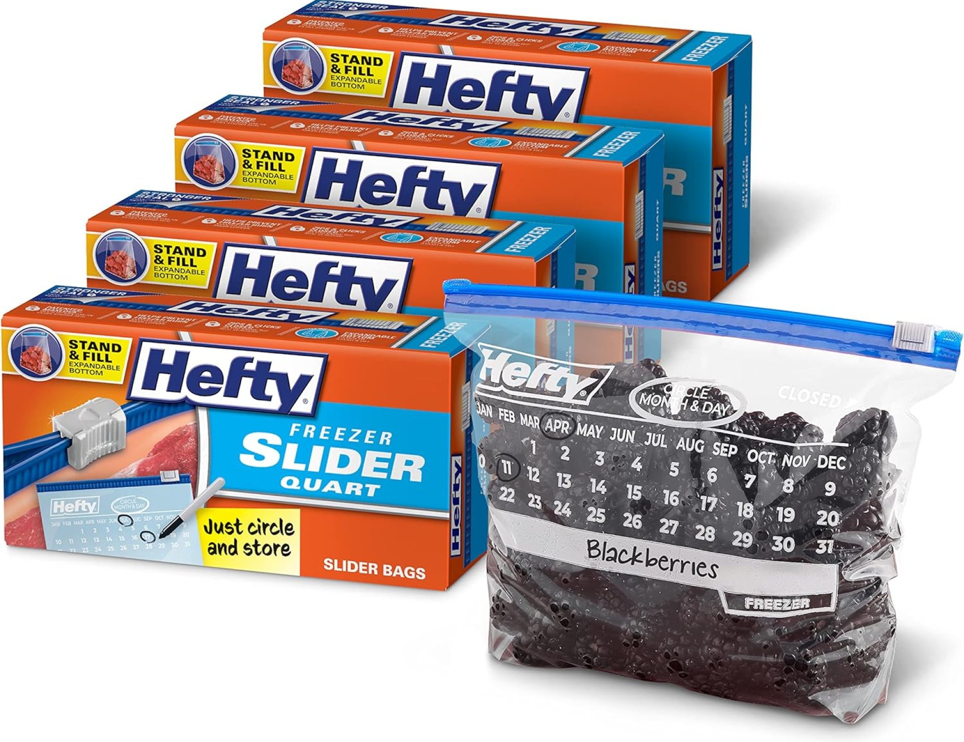 Hefty Calendar Slider Quart Freezer Bags, 1 Quart Slider Bags with Stand and Fill Expandable Bottoms, Helps Prevent Freezer Burn, 35 Count (Pack of 4) Hefty Calendar Slider Quart Freezer Bags, 1 Quart Slider Bags with Stand and Fill Expandable Bottoms, Helps Prevent Freezer Burn, 35 Count (Pack of 4)