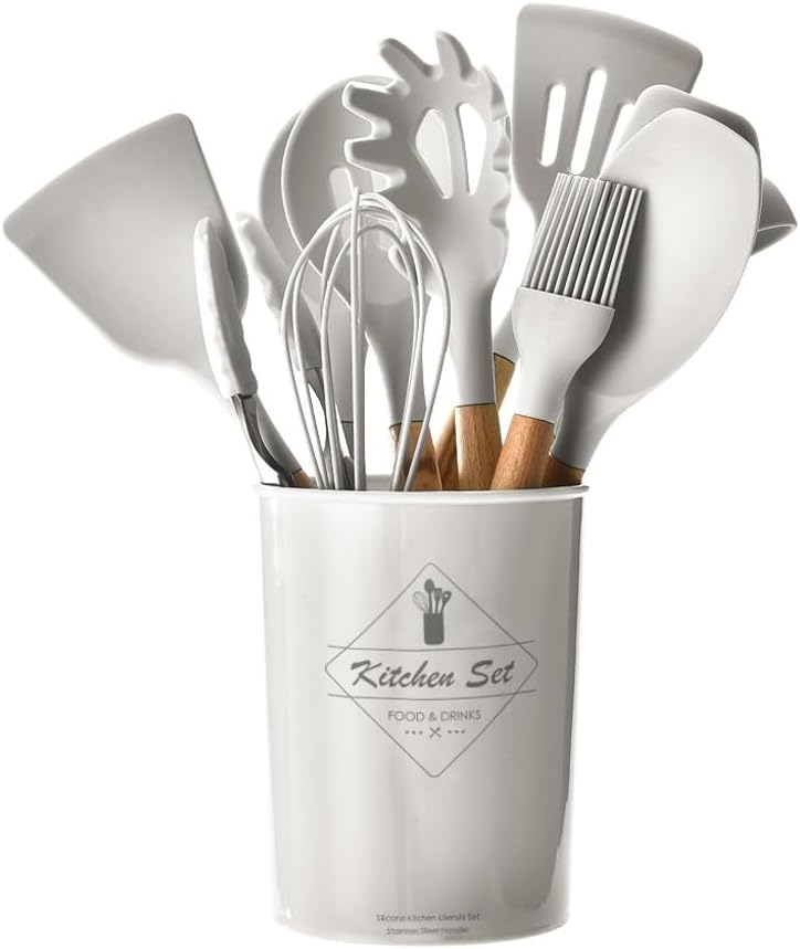 11 Pieces Silicone Cooking Utensils Set, Nonstick Cookware Set with Storage Bucket, Heat Resistant Kitchen Untensils Set with Premium Wood Handles (White) 11 Pieces Silicone Cooking Utensils Set, Nonstick Cookware Set with Storage Bucket, Heat Resistant Kitchen Untensils Set with Premium Wood Handles (White)