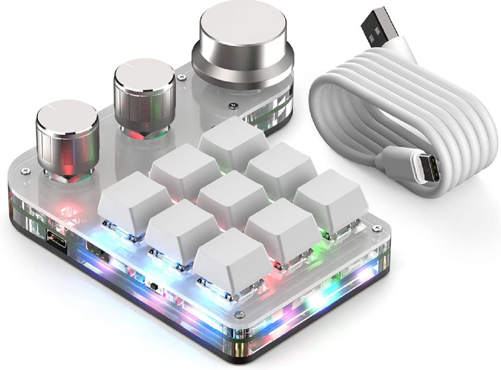 Jiawu 9-Keys USB Mini Keypad, Programming Macro Mechanical Gaming Keyboard with 3 Knobs, RGB Backlit USB PC Keypad for Computer Gaming Software (White) Jiawu 9-Keys USB Mini Keypad, Programming Macro Mechanical Gaming Keyboard with 3 Knobs, RGB Backlit USB PC Keypad for Computer Gaming Software (White)
