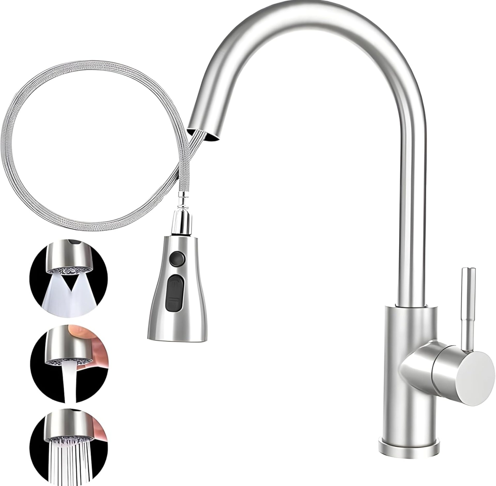 Stainless Steel Kitchen Faucet Pull Down Mixer with 3 Water Modes, Single Handle High Arc Kitchen Sink Tap,360° Swivel,Modern Deck Mount for Hot & Cold Water,Milano Kitchen Mixer Stainless Steel Kitchen Faucet Pull Down Mixer with 3 Water Modes, Single Handle High Arc Kitchen Sink Tap,360° Swivel,Modern Deck Mount for Hot & Cold Water,Milano Kitchen Mixer
