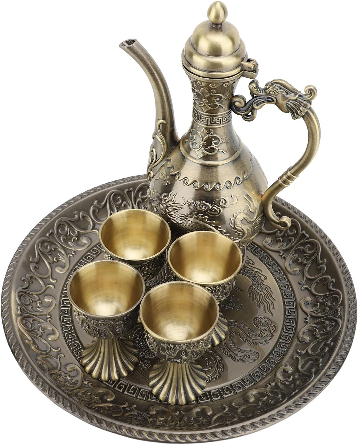 Turkish Tea Set, Metal Vintage Turkish Coffee Pot Set with 4 Coffee Cup and Tea Tray, Luxury Turkish Teapot Set Turkish Flagon Glasses Set Art Crafts Wedding Home (Bronze) Turkish Tea Set, Metal Vintage Turkish Coffee Pot Set with 4 Coffee Cup and Tea Tray, Luxury Turkish Teapot Set Turkish Flagon Glasses Set Art Crafts Wedding Home (Bronze)