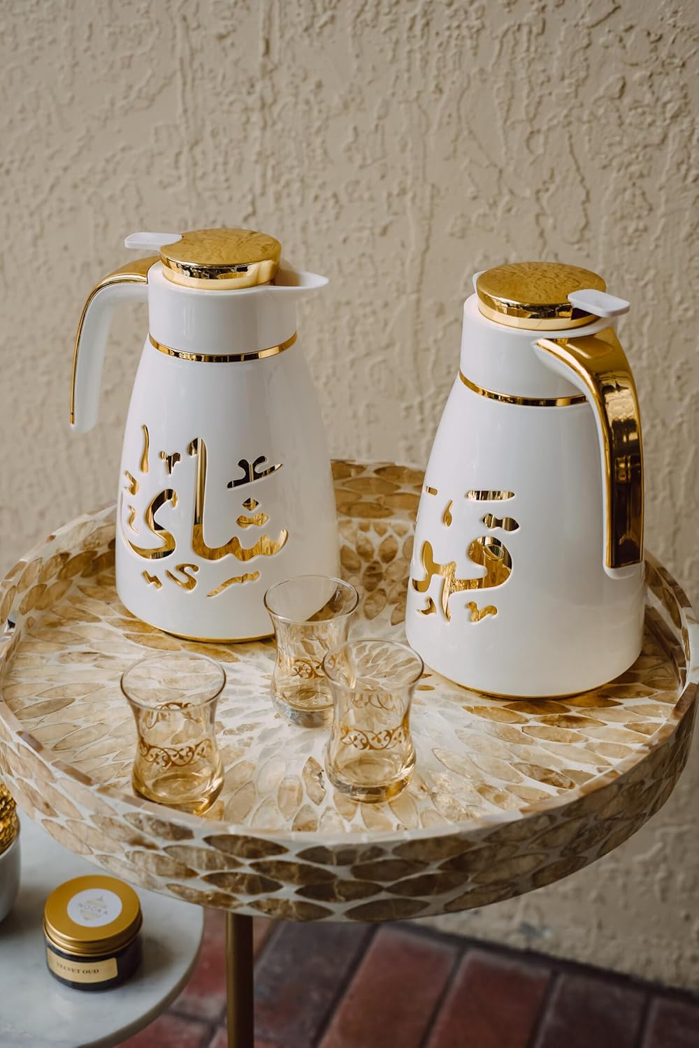 Arabic, Royal Shinny Flask Shai Kahwa Set Coffee Dallah Pot Luxury Vacuum Jug- 1L (Black,Gold) Brand: Generic (Glass Plastic, White Gold) Arabic, Royal Shinny Flask Shai Kahwa Set Coffee Dallah Pot Luxury Vacuum Jug- 1L (Black,Gold) Brand: Generic (Glass Plastic, White Gold)