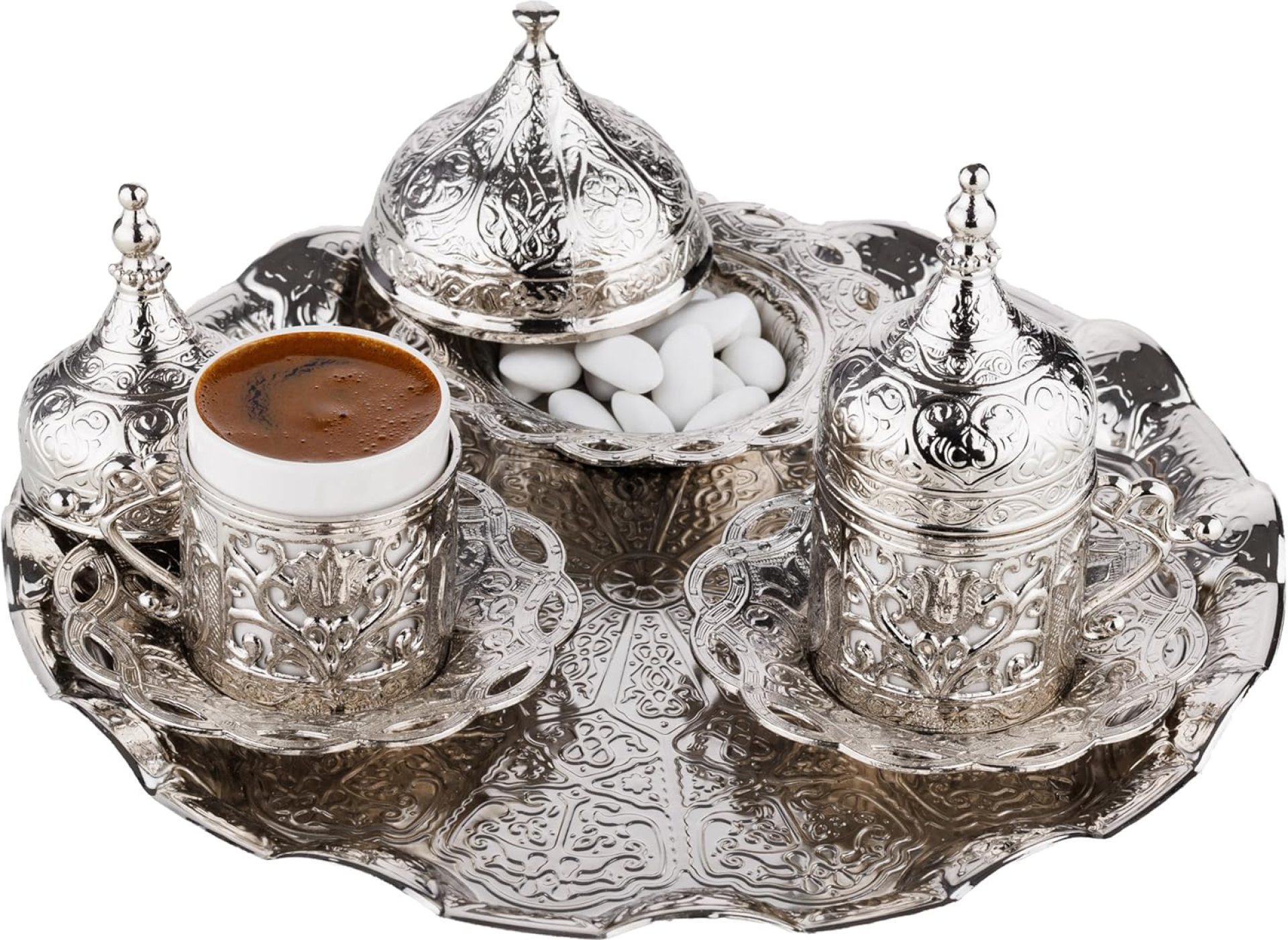 DEMMEX 2024 Turkish Greek Arabic Coffee Serving Set with Cups, Saucers, Cup Holders, Lids, Sugar Bowl & Lid and Tray, 11 Pcs (Silver) DEMMEX 2024 Turkish Greek Arabic Coffee Serving Set with Cups, Saucers, Cup Holders, Lids, Sugar Bowl & Lid and Tray, 11 Pcs (Silver)