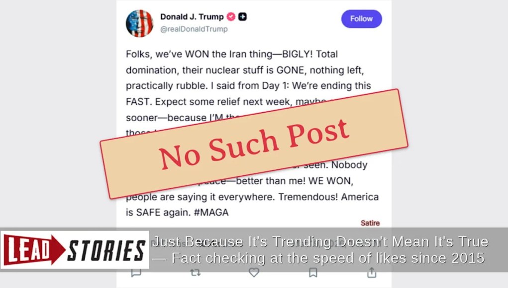 Captura de pantalla FALSA pretende mostrar la publicación de Donald Trump que afirma «Ganamos el asunto de Irán, en gran medida» Captura de pantalla FALSA pretende mostrar la publicación de Donald Trump que afirma «Ganamos el asunto de Irán, en gran medida»