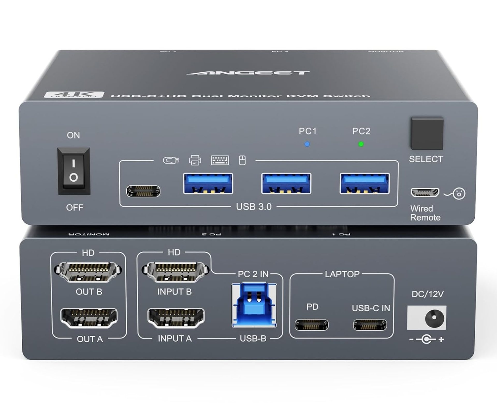 Dual Monitor KVM Switch for Laptop & Desktop 4K@60Hz, USB C and HDMI KVM Switch 2 Monitors 2 Computers with 4 USB 3.0 Port for Keyboard Mouse, 80W PD Charging, with Wired Remote and USB C Cable Dual Monitor KVM Switch for Laptop & Desktop 4K@60Hz, USB C and HDMI KVM Switch 2 Monitors 2 Computers with 4 USB 3.0 Port for Keyboard Mouse, 80W PD Charging, with Wired Remote and USB C Cable