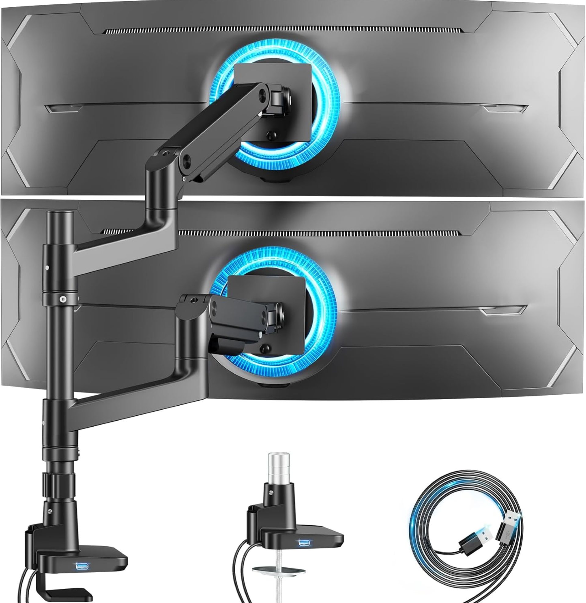ARES WING Dual Monitor Arm for Ultrawide Heavy Duty Curved Monitor Stacking, Fits 17-49 Inch, Vertical Gas Spring Double Monitor Mount with USB, Adjustable Dual Monitor Mount for Desk, Black ARES WING Dual Monitor Arm for Ultrawide Heavy Duty Curved Monitor Stacking, Fits 17-49 Inch, Vertical Gas Spring Double Monitor Mount with USB, Adjustable Dual Monitor Mount for Desk, Black