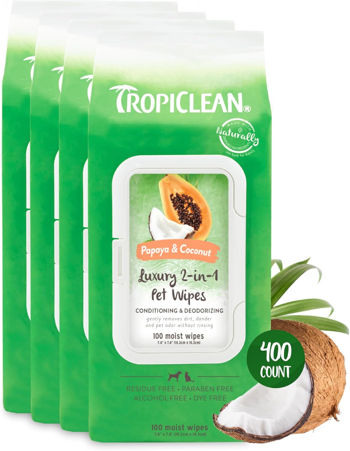 TropiClean Papaya & Coconut Dog Wipes for Paws and Butt | Deep Cleaning Dog Grooming Wipes | Safe for The Face | Cat Friendly | 400 Count TropiClean Papaya & Coconut Dog Wipes for Paws and Butt | Deep Cleaning Dog Grooming Wipes | Safe for The Face | Cat Friendly | 400 Count