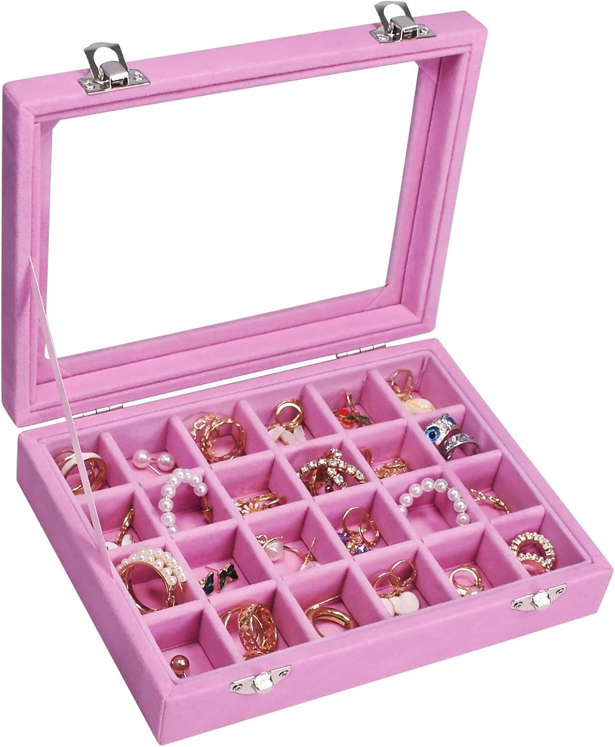 Velvet Jewelry Box 24 Grid Jewelry Ring Display Organiser Box Tray Holder Earrings Storage Case for Girls Wife Mom Women (Pink) Velvet Jewelry Box 24 Grid Jewelry Ring Display Organiser Box Tray Holder Earrings Storage Case for Girls Wife Mom Women (Pink)
