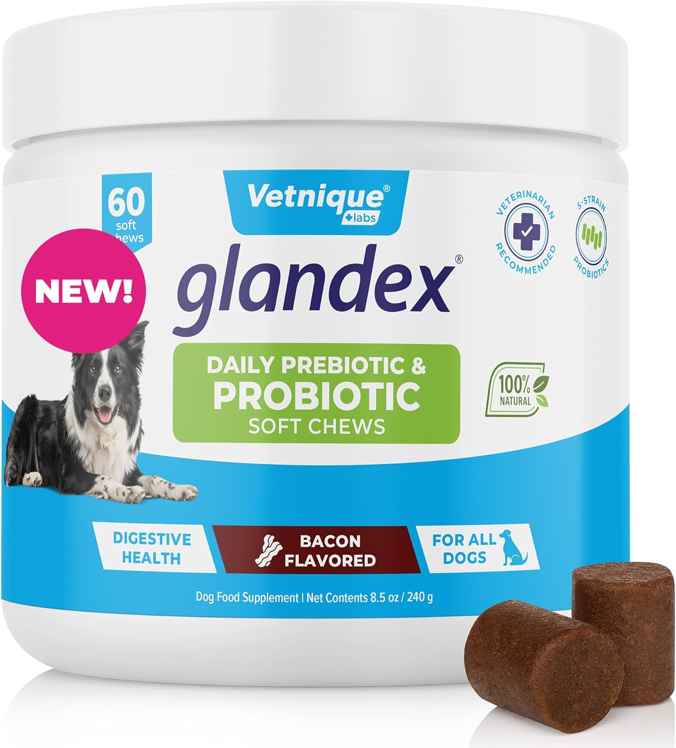 Vetnique Glandex Daily Probiotics for Dogs with Digestive Enzymes and Prebiotics for Optimal Gut Health & Immune Support with Fiber, All Natural Bacon Flavor Soft Chews, 60 Dog Probiotic Chews Vetnique Glandex Daily Probiotics for Dogs with Digestive Enzymes and Prebiotics for Optimal Gut Health & Immune Support with Fiber, All Natural Bacon Flavor Soft Chews, 60 Dog Probiotic Chews