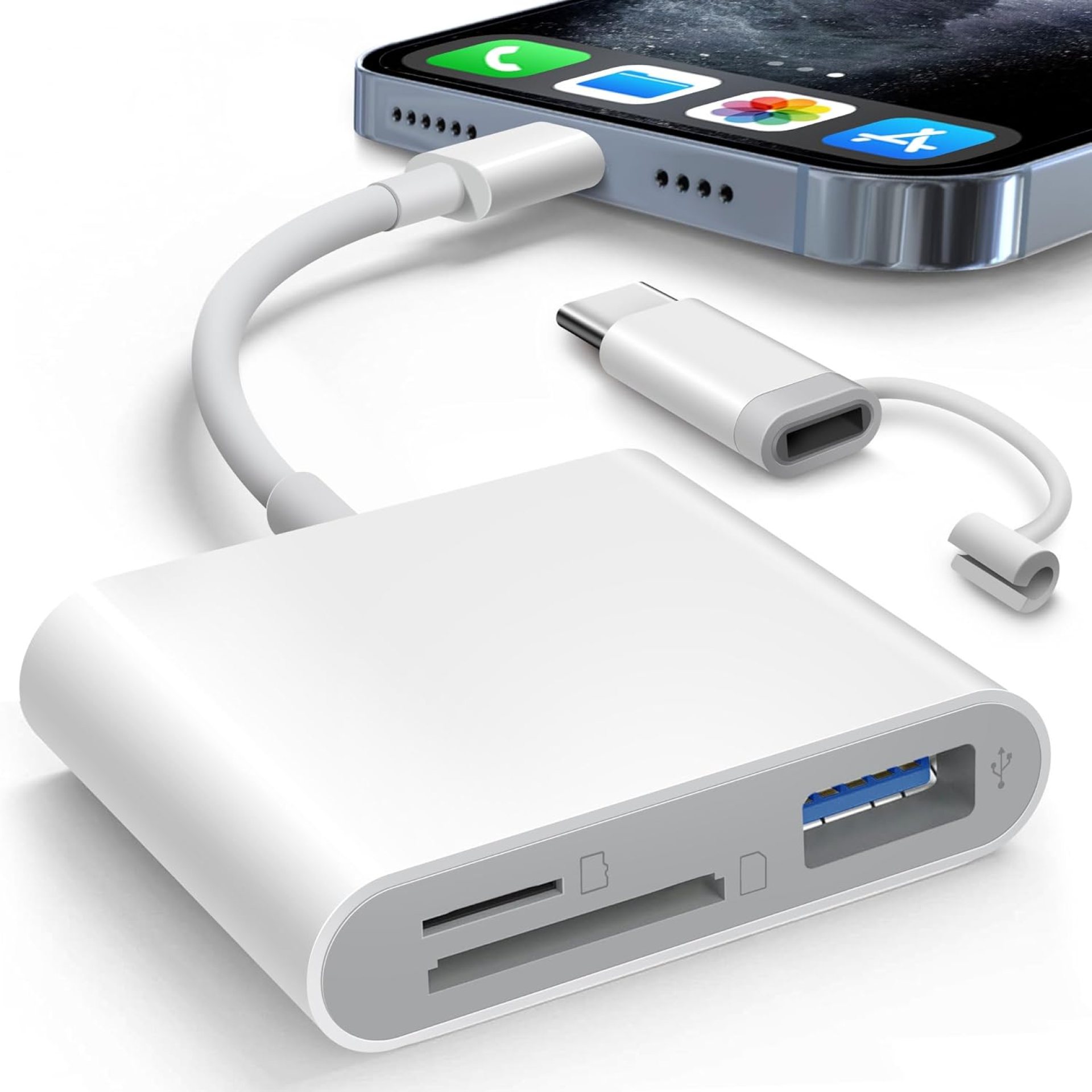 SD Card Reader for iPhone iPad Built-in Dual Connector Card Adapter with SD MicroSD USB-A 3 Slots Trail Camera Memory Card Viewer, Portable No App Required Plug and Play SD Card Reader for iPhone iPad Built-in Dual Connector Card Adapter with SD MicroSD USB-A 3 Slots Trail Camera Memory Card Viewer, Portable No App Required Plug and Play