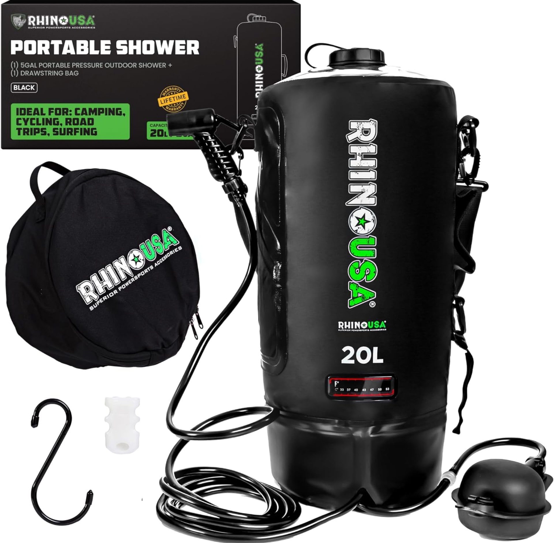 Rhino USA 5 Gal / 20L Portable Solar Camp Shower – Essential for Camping, Festivals, Overlanding, Beach Trips, Outdoor Shower and More! Rhino USA 5 Gal / 20L Portable Solar Camp Shower – Essential for Camping, Festivals, Overlanding, Beach Trips, Outdoor Shower and More!