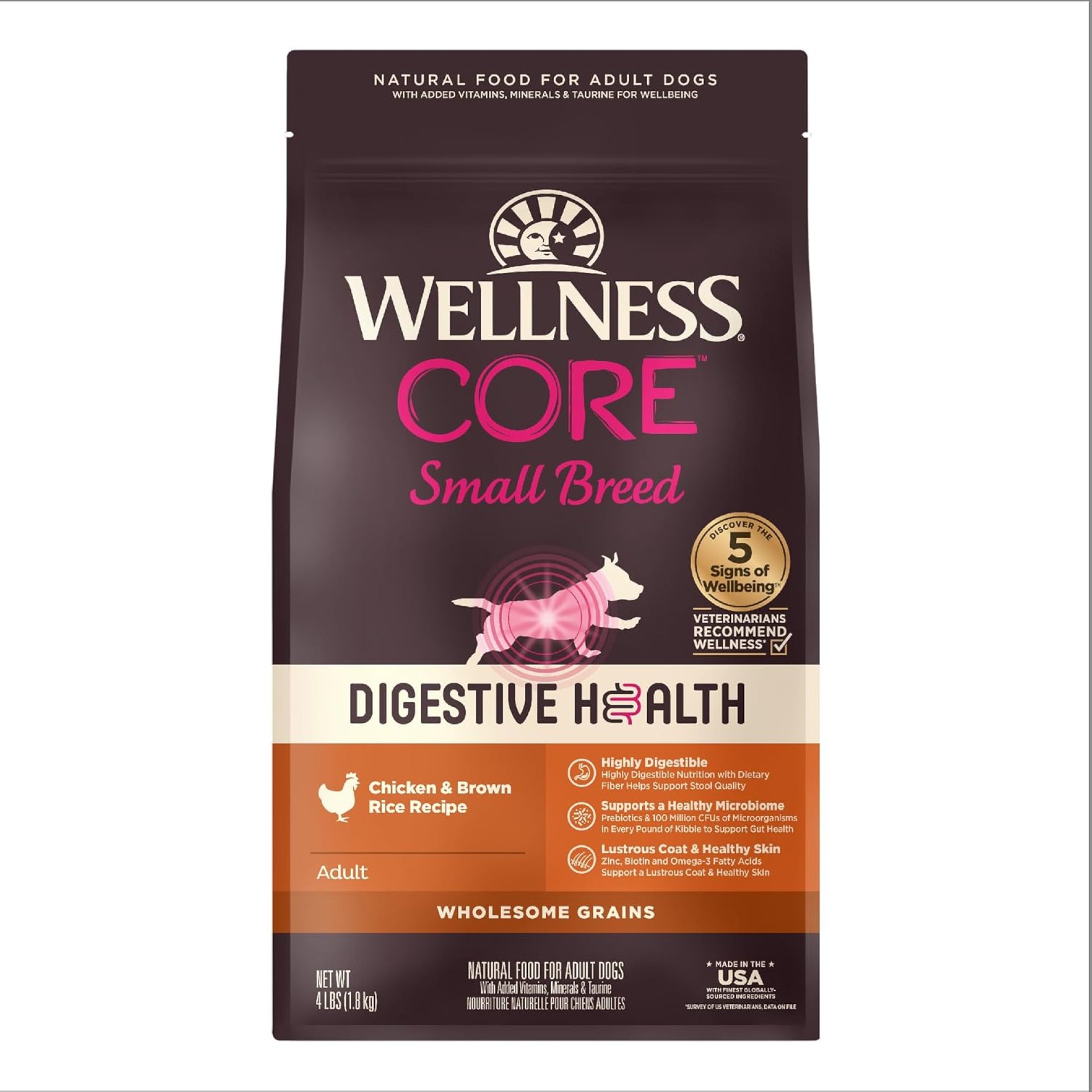 Wellness CORE Digestive Health Dry Dog Food with Wholesome Grains, Highly Digestible, for Dogs with Sensitive Stomachs, Made in USA with Real Protein (Small Breed, Chicken & Brown Rice, 4-Pound Bag) Wellness CORE Digestive Health Dry Dog Food with Wholesome Grains, Highly Digestible, for Dogs with Sensitive Stomachs, Made in USA with Real Protein (Small Breed, Chicken & Brown Rice, 4-Pound Bag)
