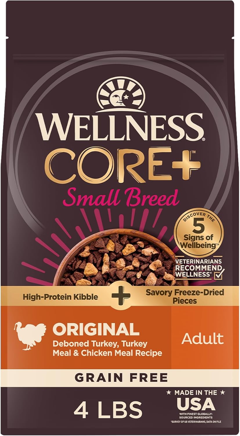 Wellness CORE+ (Formerly RawRev) Dry Dog Food with Freeze Dried Pieces, Small Breed, Grain Free, High Protein, Natural, Original Turkey & Chicken Recipe, (4-Pound Bag) Wellness CORE+ (Formerly RawRev) Dry Dog Food with Freeze Dried Pieces, Small Breed, Grain Free, High Protein, Natural, Original Turkey & Chicken Recipe, (4-Pound Bag)