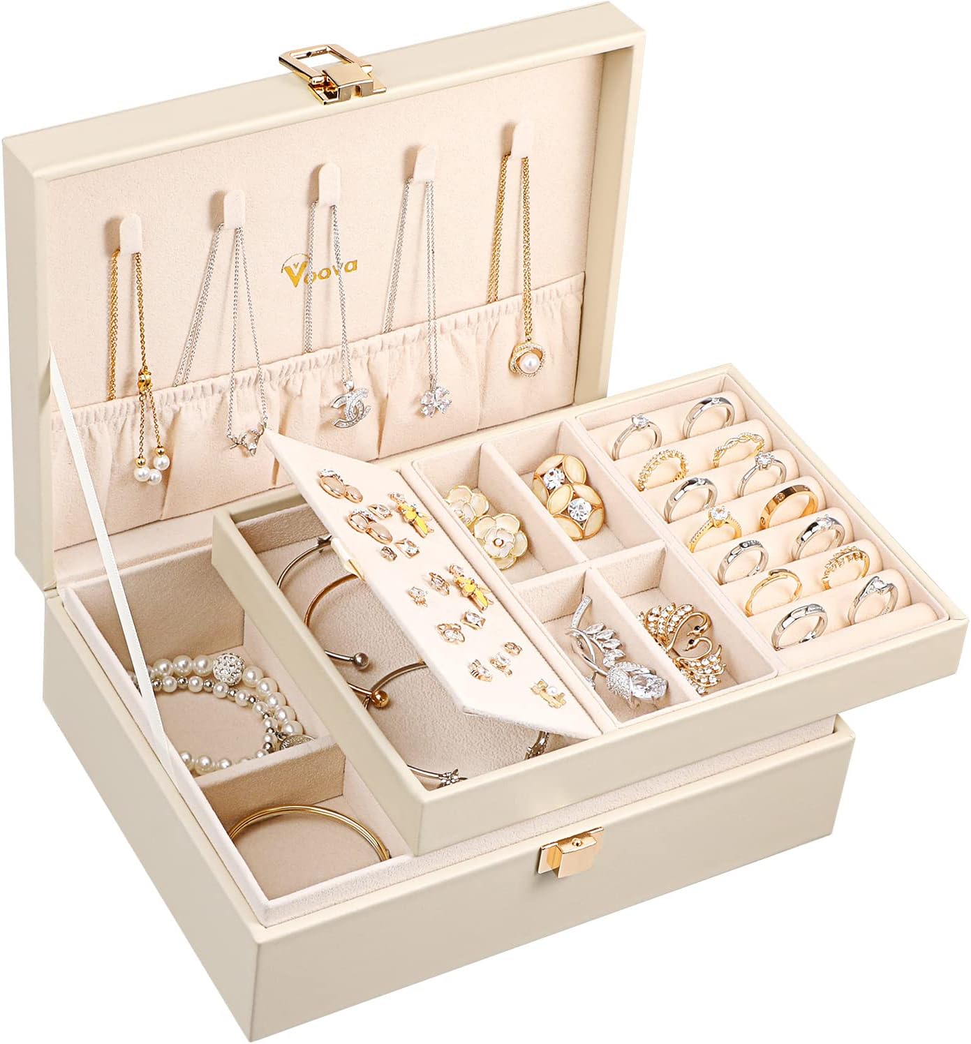 Voova Jewelry Box Organizer for Women Girls, 2 Layer Large Men Jewelry Storage Case, PU Leather Display Jewellery Holder with Removable Tray for Necklace Earrings Rings Bracelets, Vintage Gift,Apricot Voova Jewelry Box Organizer for Women Girls, 2 Layer Large Men Jewelry Storage Case, PU Leather Display Jewellery Holder with Removable Tray for Necklace Earrings Rings Bracelets, Vintage Gift,Apricot