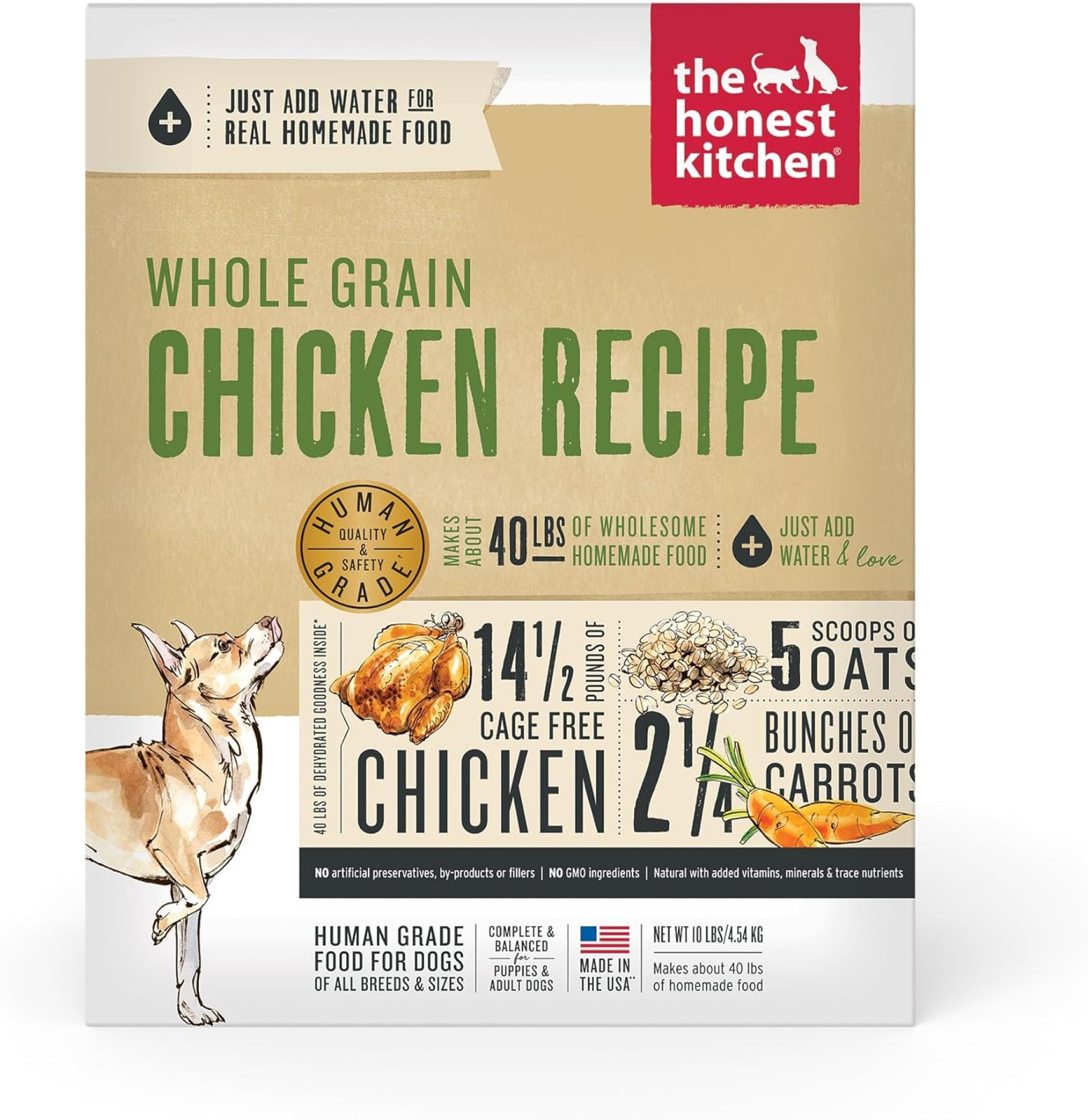 The Honest Kitchen Human Grade Dehydrated Whole Grain Dog Food – Complete Meal or Topper – Chicken 10 lb (makes 40 lbs) The Honest Kitchen Human Grade Dehydrated Whole Grain Dog Food – Complete Meal or Topper – Chicken 10 lb (makes 40 lbs)