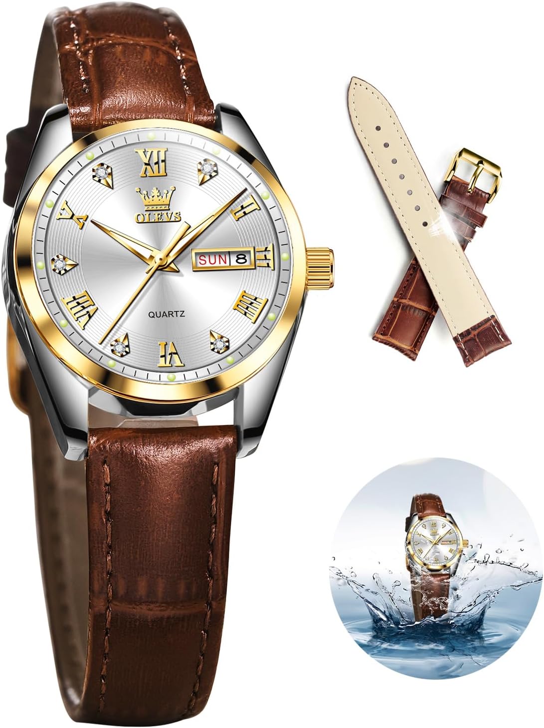 OLEVS Classic Leather Watches for Women, Business Dress Diamond Roman Arabic Numerals Ladies Watches, Day Date Waterproof Analog Quartz Womens Wrist Watches Brown Leather Strap Relojes para Mujer OLEVS Classic Leather Watches for Women, Business Dress Diamond Roman Arabic Numerals Ladies Watches, Day Date Waterproof Analog Quartz Womens Wrist Watches Brown Leather Strap Relojes para Mujer