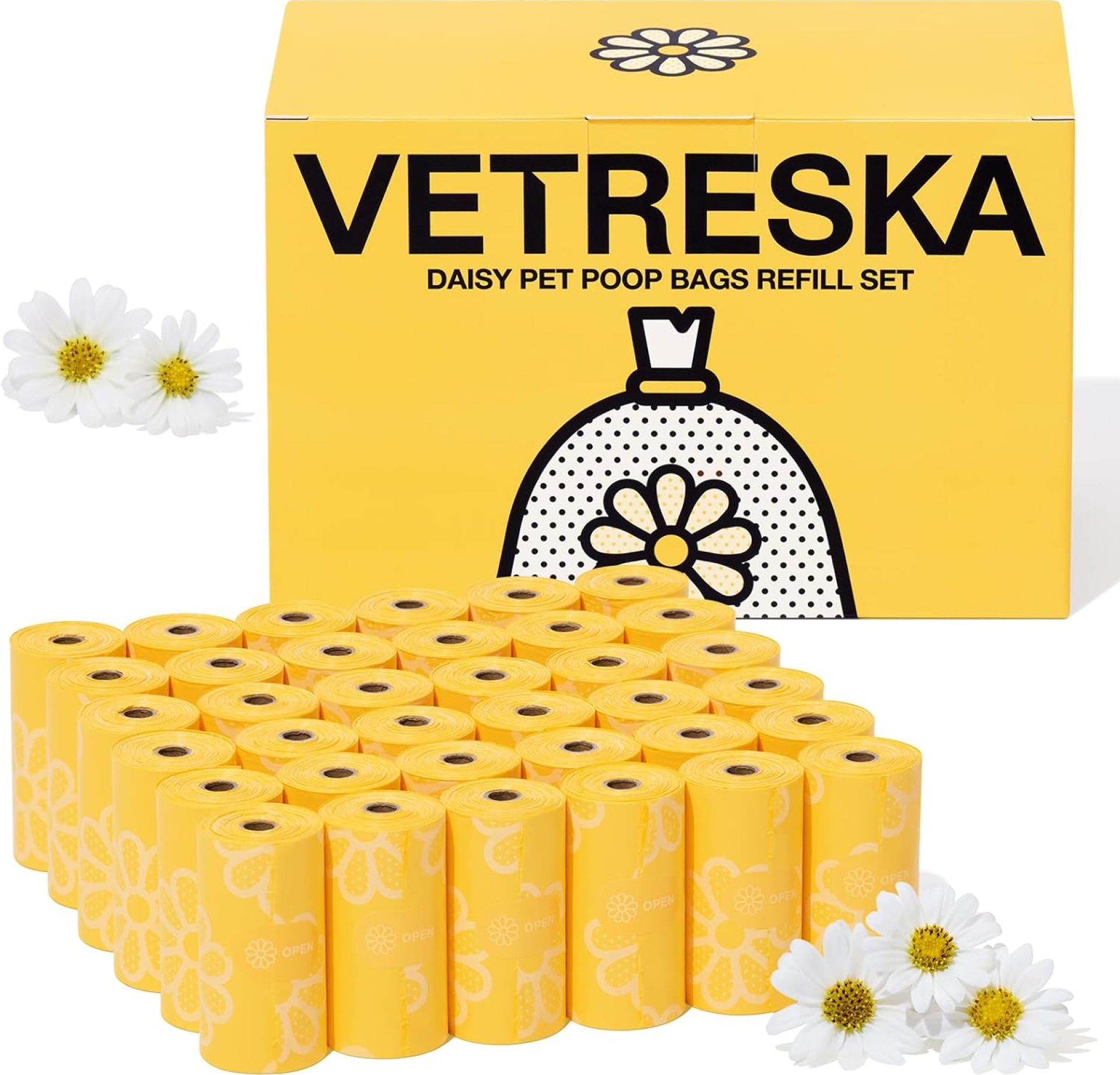 VETRESKA Dog Poop Bag Rolls Daisy Scented Leak-proof Pet Waste Bags Thick and Large Trash Bags for Dog Walking 36 Refill Rolls 540 Bags VETRESKA Dog Poop Bag Rolls Daisy Scented Leak-proof Pet Waste Bags Thick and Large Trash Bags for Dog Walking 36 Refill Rolls 540 Bags