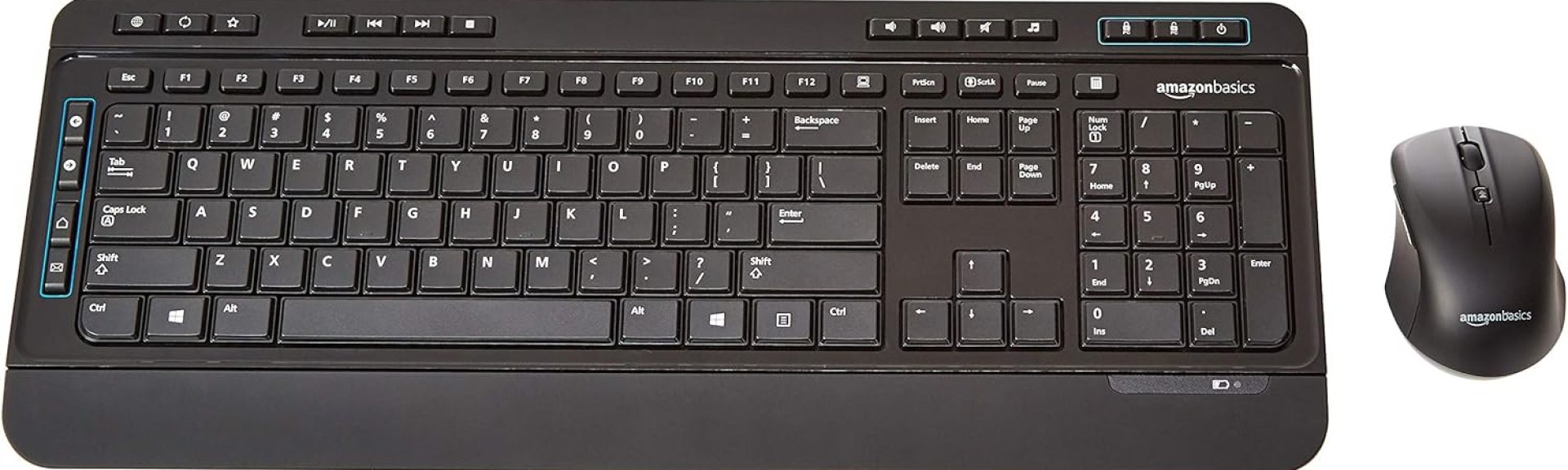 Amazon Basics Full-Sized Wireless Computer Keyboard and Mouse Combo, QWERTY Layout, 2.4 GHz USB Receiver, Black, Pack of 1 Amazon Basics Full-Sized Wireless Computer Keyboard and Mouse Combo, QWERTY Layout, 2.4 GHz USB Receiver, Black, Pack of 1