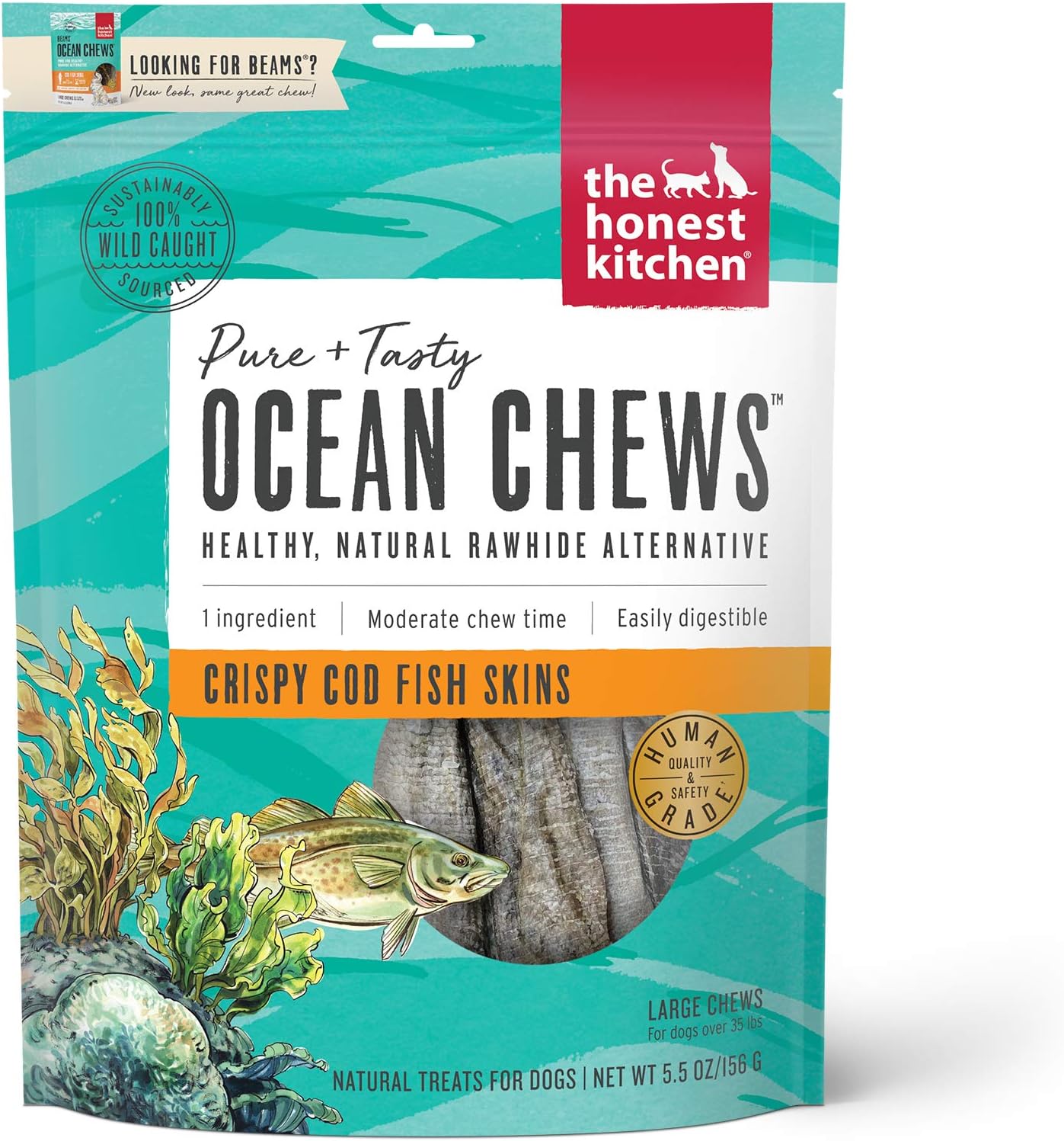The Honest Kitchen Human Grade Ocean Chews Crispy Cod Fish Skins Dog Treats, 5.5 Ounces The Honest Kitchen Human Grade Ocean Chews Crispy Cod Fish Skins Dog Treats, 5.5 Ounces