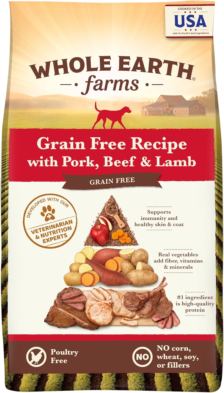 Whole Earth Farms Natural Grain Free Dry Kibble, Wholesome And Healthy Dog Food, Pork, Beef, And Lamb Recipe – 4 LB Bag Whole Earth Farms Natural Grain Free Dry Kibble, Wholesome And Healthy Dog Food, Pork, Beef, And Lamb Recipe – 4 LB Bag