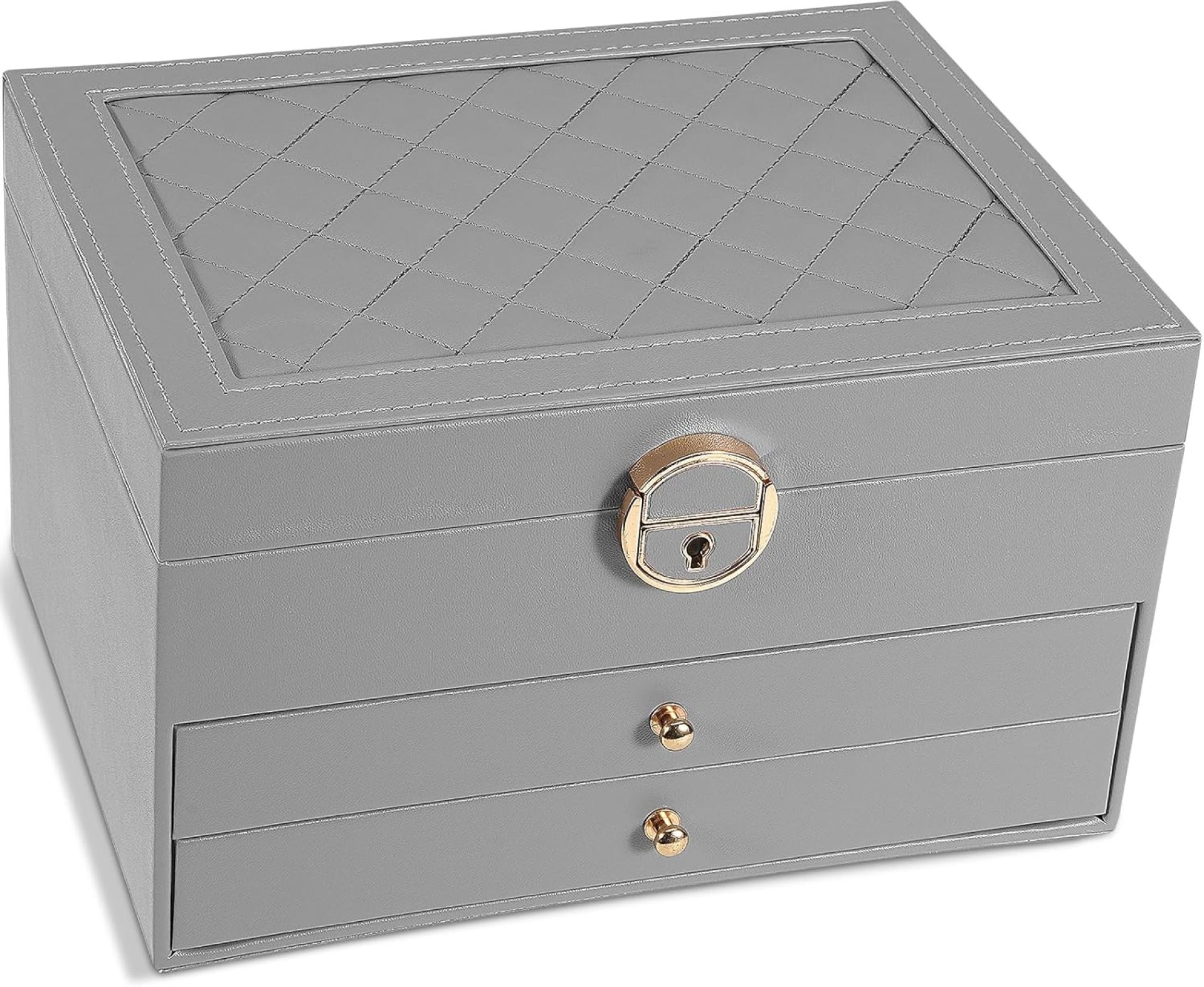 3-Layer Jewelry Box for Women, Earing Holder Jewelry Organizers and Storage with Removable Jewelry Tray, Vintage Quilted Top Lockable Jewelry Holder Gift Idea Gray 3-Layer Jewelry Box for Women, Earing Holder Jewelry Organizers and Storage with Removable Jewelry Tray, Vintage Quilted Top Lockable Jewelry Holder Gift Idea Gray