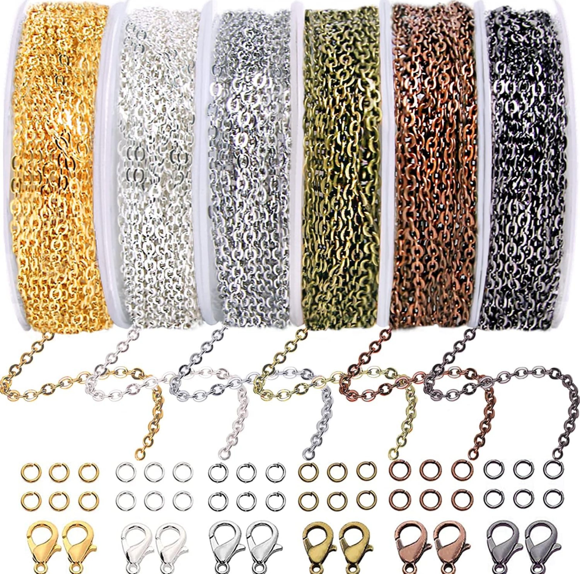 Jishi Chains Jewelry Making Supplies, 60ft Cable Link Chains for Making Jewelry Necklace Earring Bracelet Findings DIY Craft Kit for Adults, 6-Color 2mm Gold Silver Copper Plated Metal Link Rolls Bulk Jishi Chains Jewelry Making Supplies, 60ft Cable Link Chains for Making Jewelry Necklace Earring Bracelet Findings DIY Craft Kit for Adults, 6-Color 2mm Gold Silver Copper Plated Metal Link Rolls Bulk